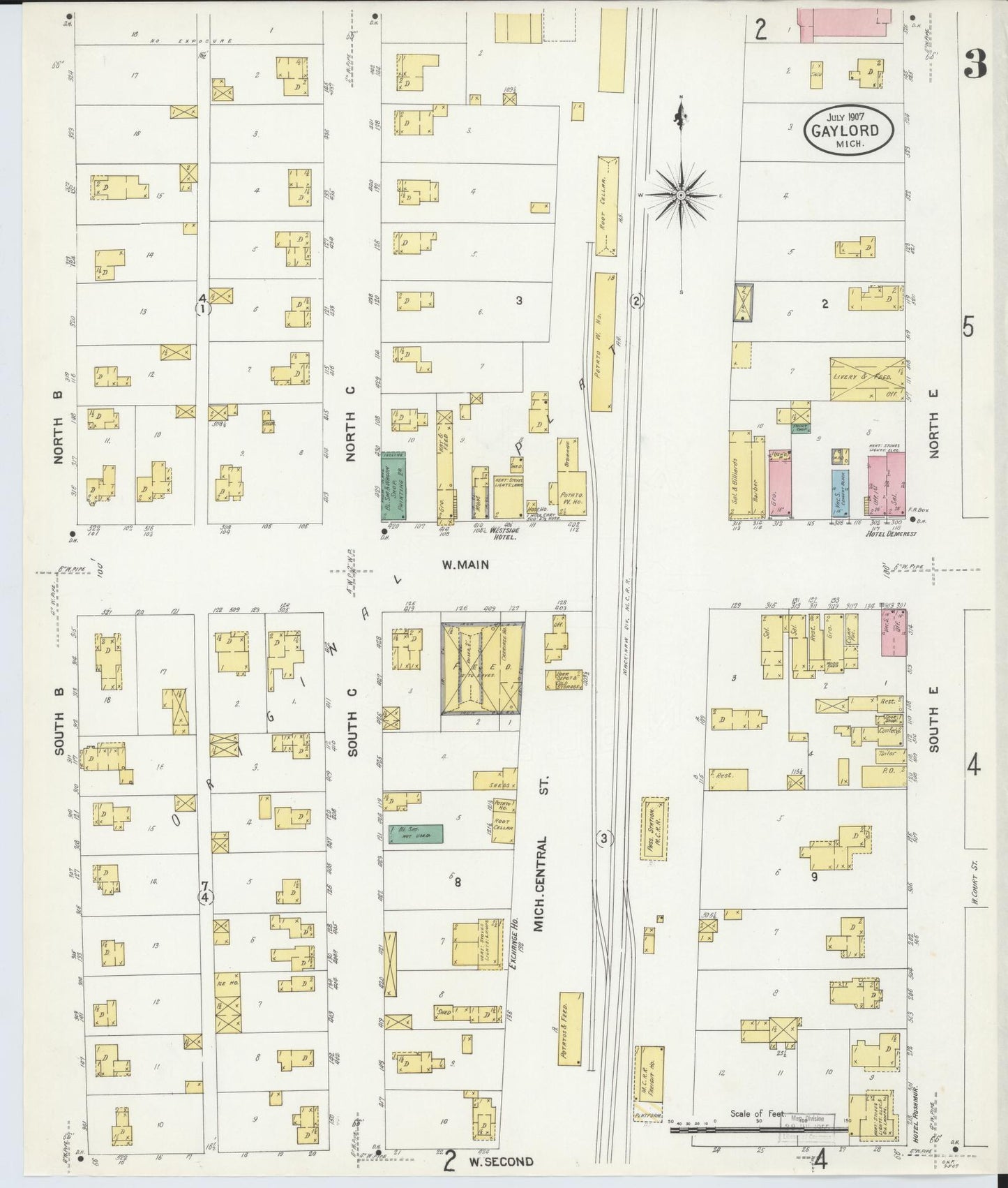 Sanborn Fire Insurance Map from Gaylord, Otsego County, Michigan (1907), Sheet #0003 - Complete Map Set gallery image, historic Sanborn map, vintage wall art, Michigan Michigan
