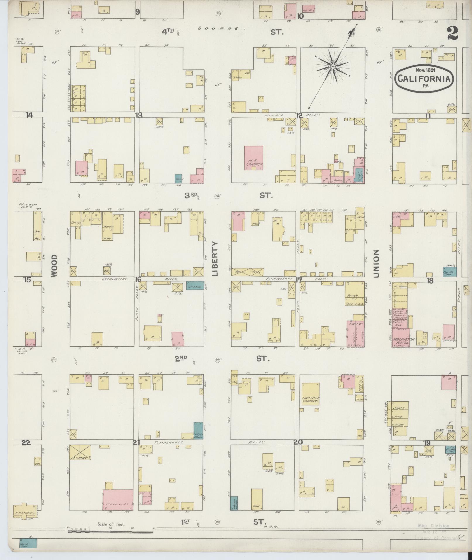 Sanborn Fire Insurance Map from California, Washington County, Pennsylvania (1891), Sheet #0002 - Historic Sanborn Fire Insurance Map Print, vintage old map wall art, antique decor, genealogy gift, Pennsylvania Pennsylvania map