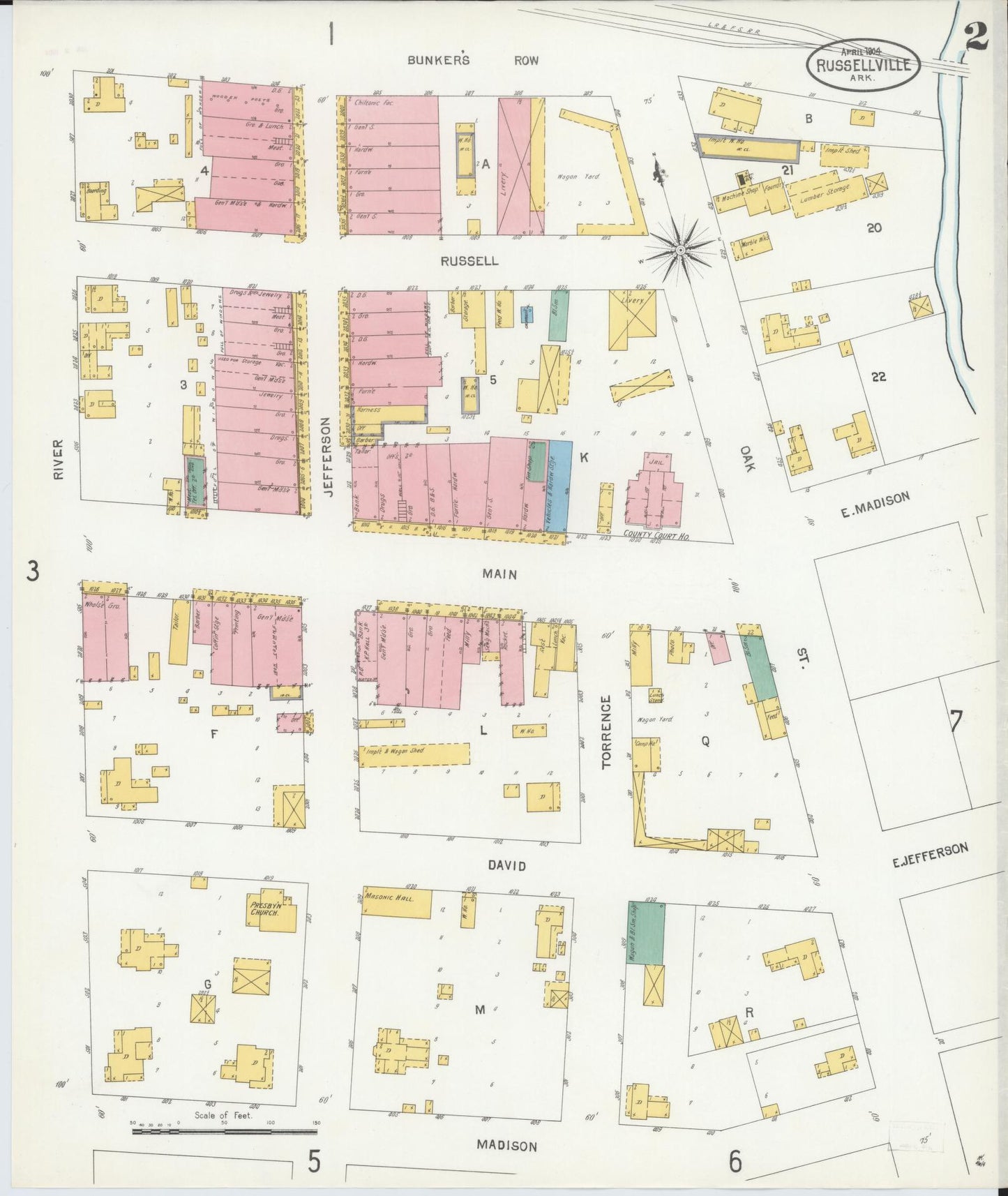 Sanborn Fire Insurance Map from Russellville, Pope County, Arkansas (1904), Sheet #0002 - Historic Sanborn Fire Insurance Map Print, vintage old map wall art, antique decor, genealogy gift, Arkansas Arkansas map