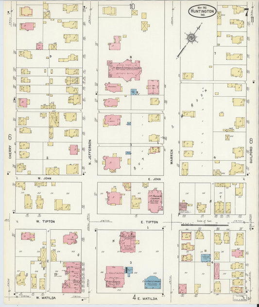 Sanborn Fire Insurance Map from Huntington, Huntington County, Indiana (1912), Sheet #0007 - Historic Sanborn Fire Insurance Map Print, vintage old map wall art, antique decor, genealogy gift, Indiana Indiana map