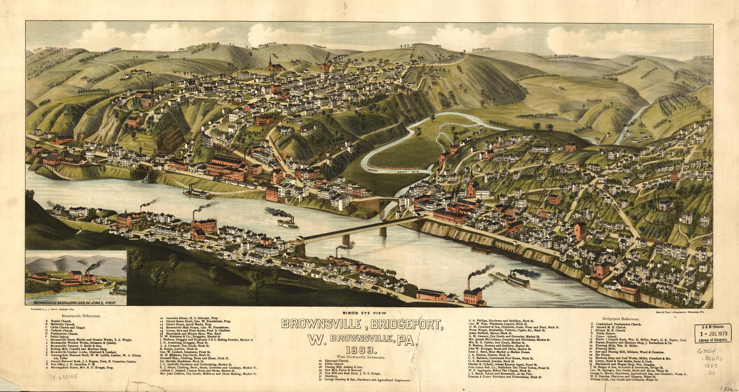 Bird's-eye-view Brownsville, Bridgeport, W. Brownsville, Pa. 1883. (1883) – Historic Bird’s-Eye View Panorama Print