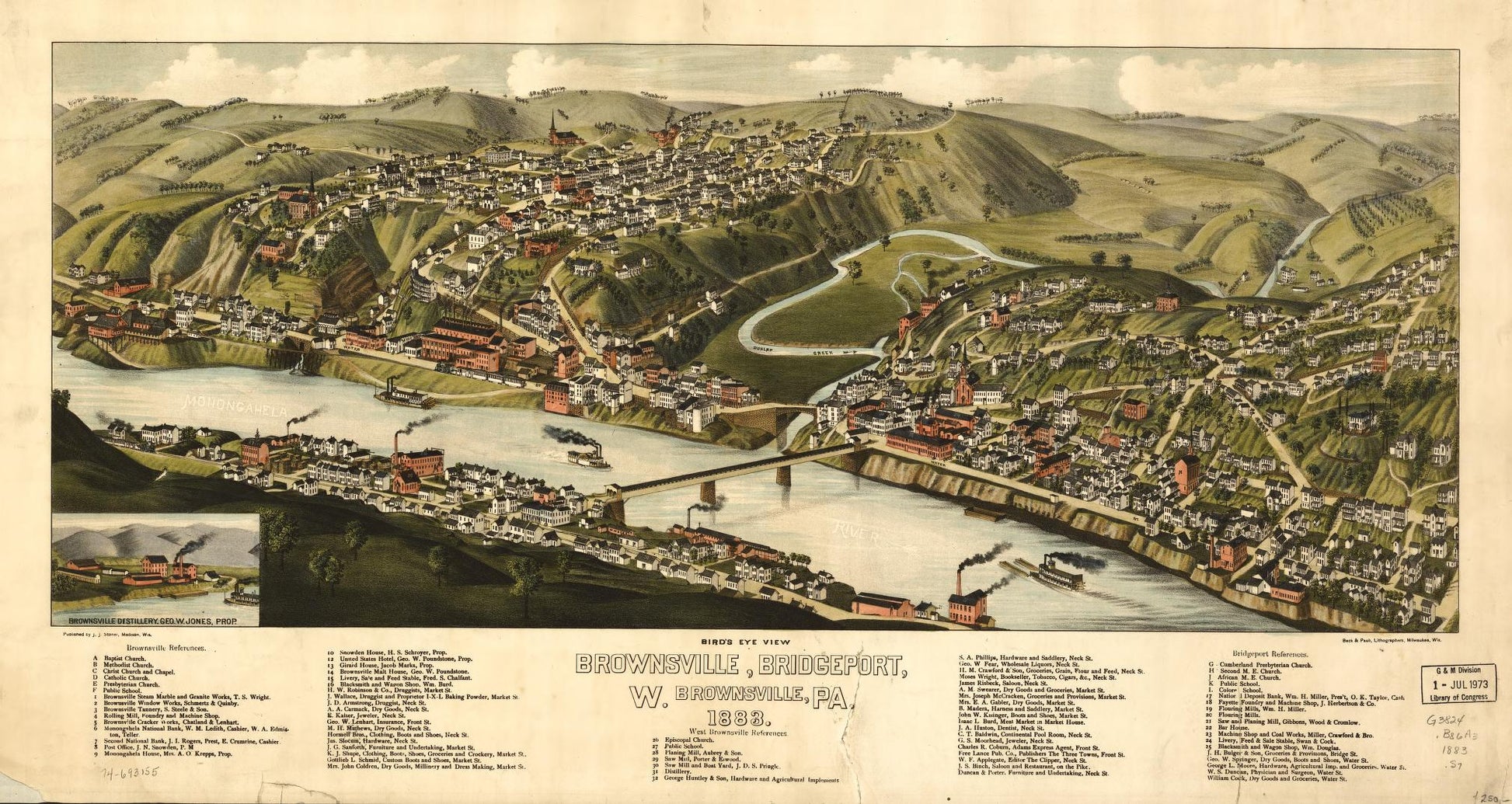 Bird's-eye-view Brownsville, Bridgeport, W. Brownsville, Pa. 1883. (1883) – Historic Bird’s-Eye View Panorama Print