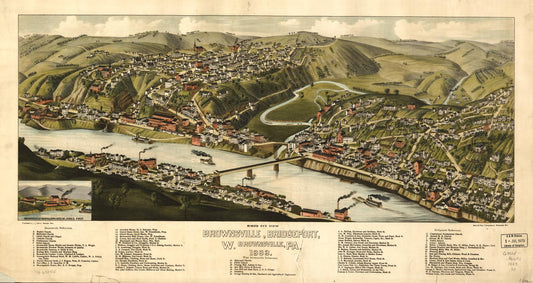 Bird's-eye-view Brownsville, Bridgeport, W. Brownsville, Pa. 1883. (1883) – Historic Bird’s-Eye View Panorama Print