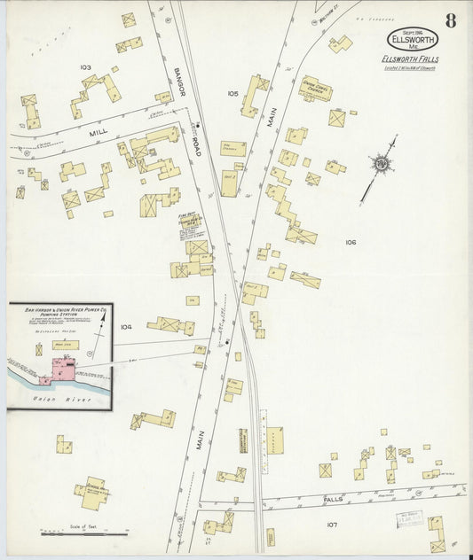 Sanborn Fire Insurance Map from Ellsworth, Hancock County, Maine (1914), Sheet #0008 - Historic Sanborn Fire Insurance Map Print, vintage old map wall art, antique decor, genealogy gift, Maine Maine map