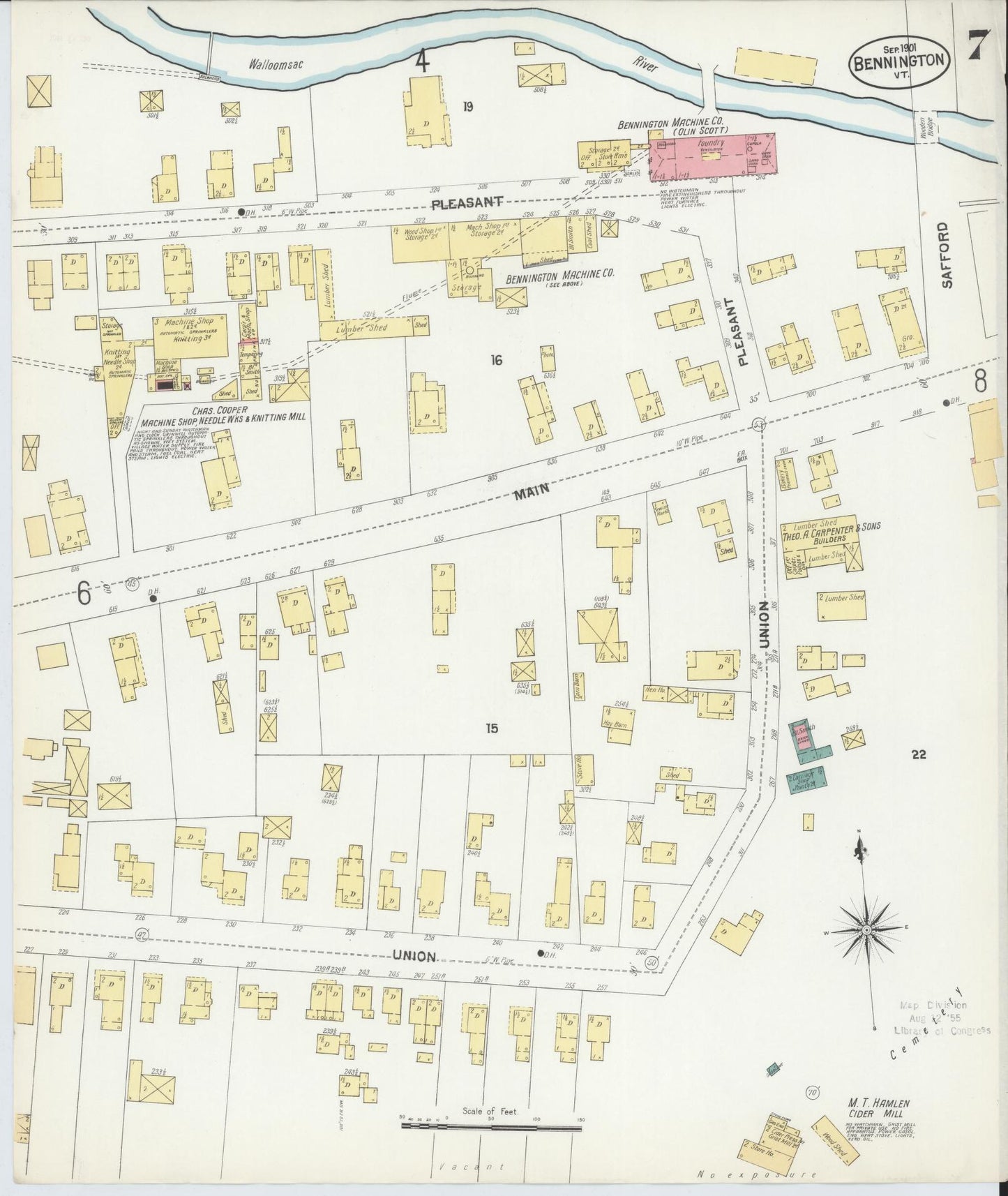 Sanborn Fire Insurance Map from Bennington, Bennington County, Vermont (1901), Sheet #0007 - Complete Map Set gallery image, historic Sanborn map, vintage wall art, Vermont Vermont