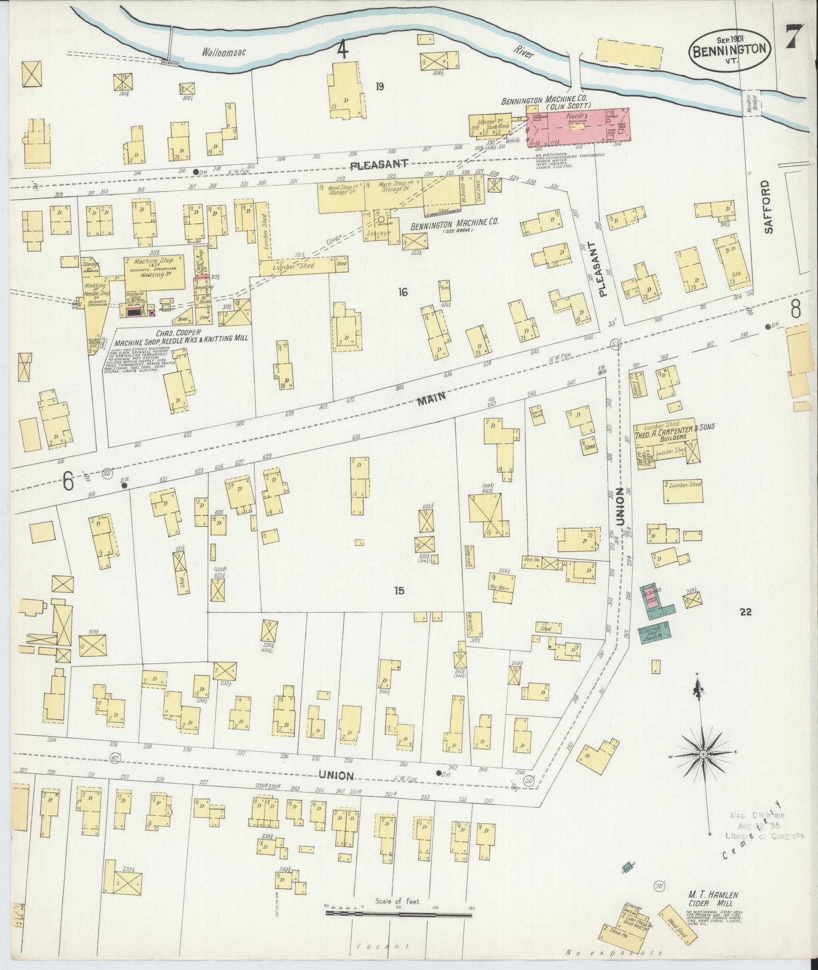 Sanborn Fire Insurance Map from Bennington, Bennington County, Vermont (1901), Sheet #0007 - Complete Map Set gallery image, historic Sanborn map, vintage wall art, Vermont Vermont