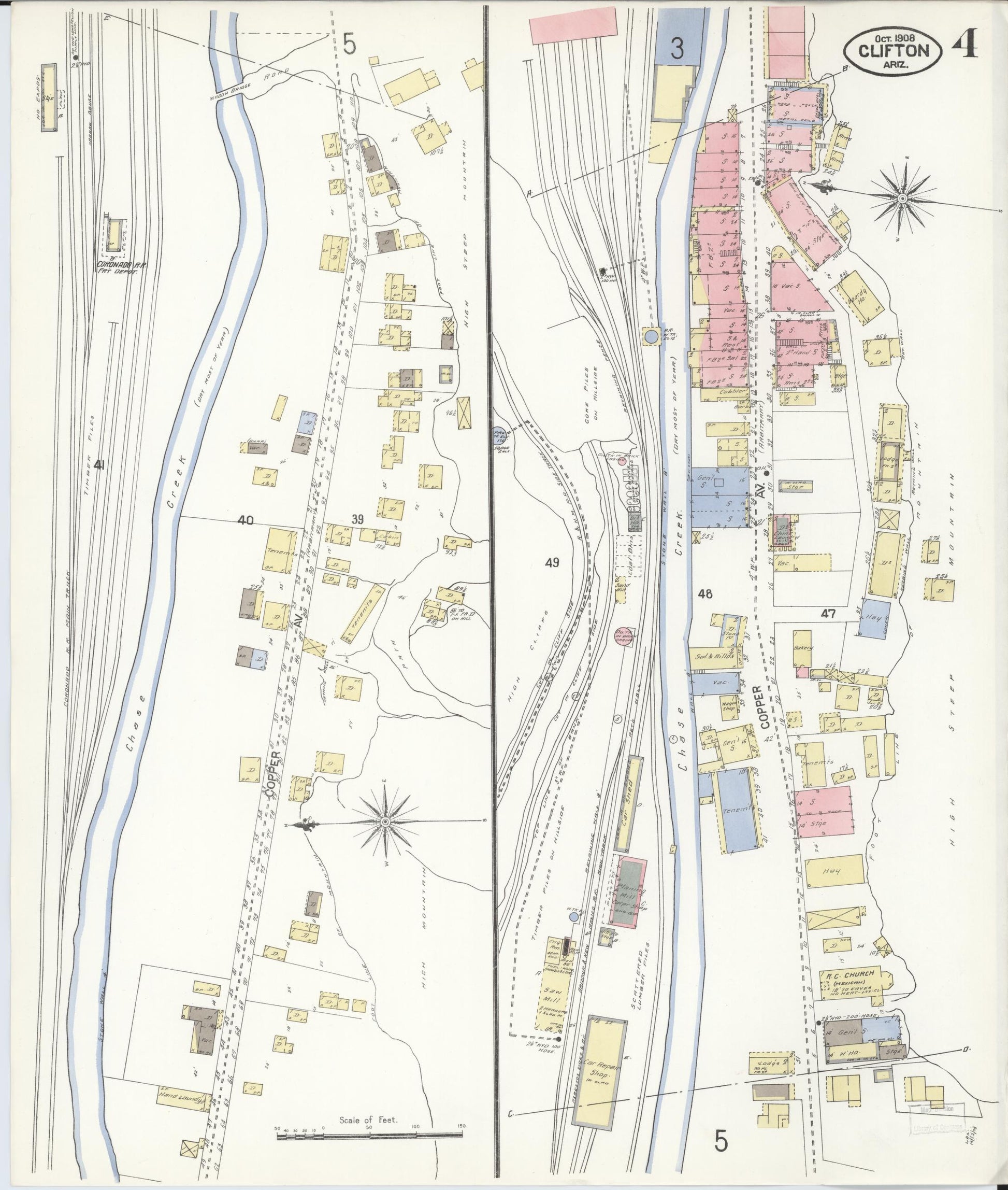 Sanborn Fire Insurance Map from Clifton, Greenlee County, Arizona (1908), Sheet #0004 - Historic Sanborn Fire Insurance Map Print, vintage old map wall art, antique decor, genealogy gift, Arizona Arizona map