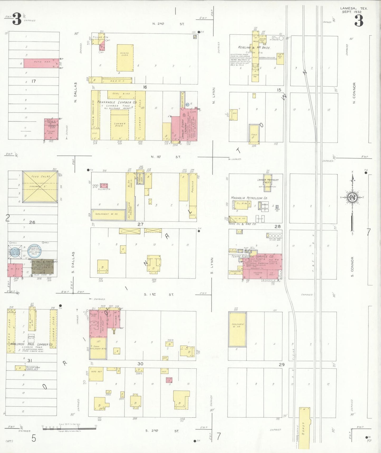 Sanborn Fire Insurance Map from Lamesa, Dawson County, Texas (1932), Sheet #0003 - Historic Sanborn Fire Insurance Map Print, vintage old map wall art, antique decor, genealogy gift, Texas Texas map