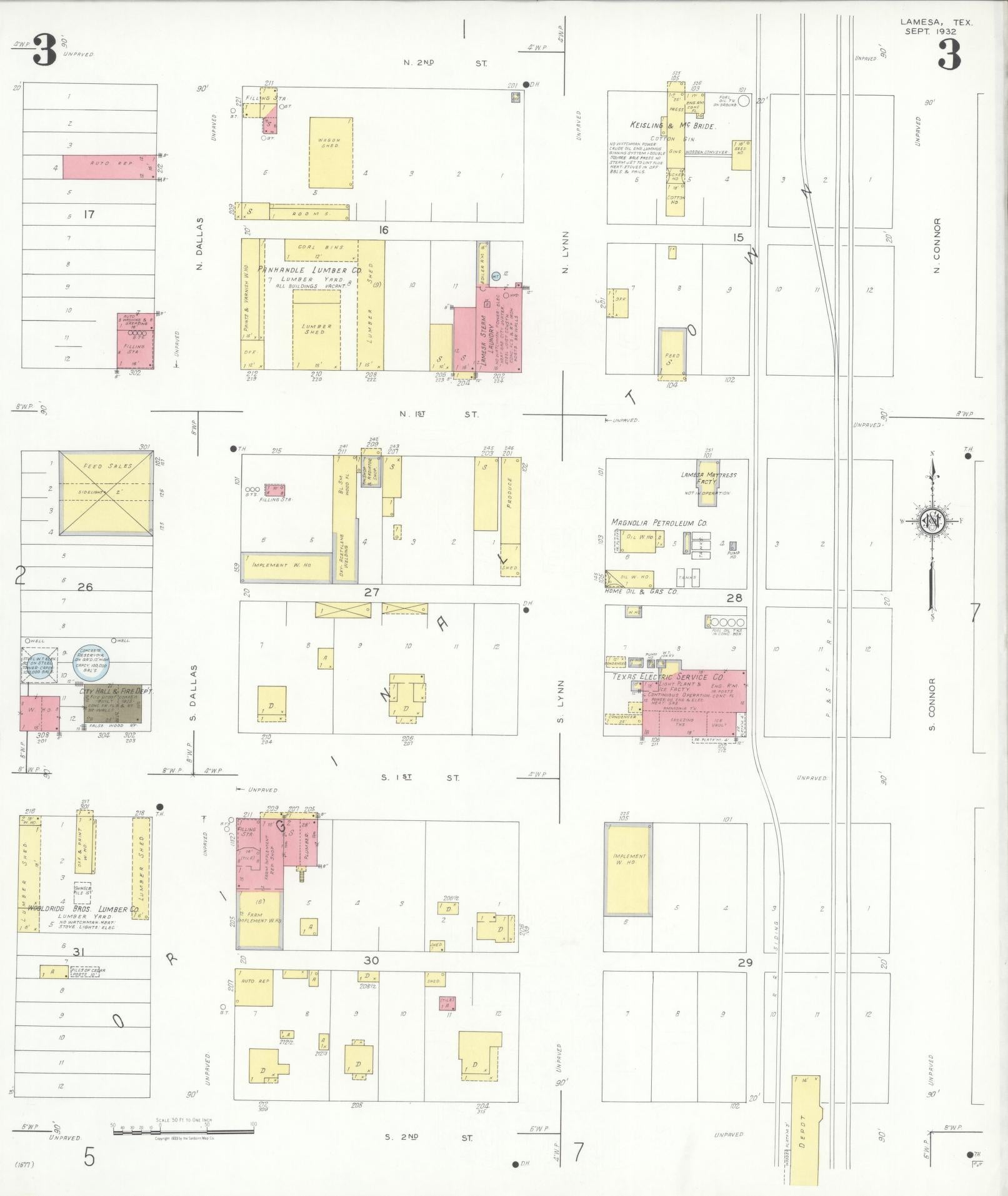 Sanborn Fire Insurance Map from Lamesa, Dawson County, Texas (1932), Sheet #0003 - Historic Sanborn Fire Insurance Map Print, vintage old map wall art, antique decor, genealogy gift, Texas Texas map
