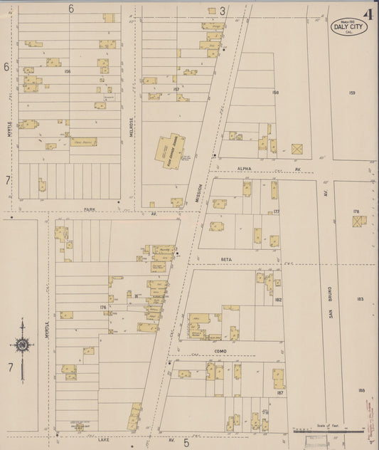 Sanborn Fire Insurance Map from Daly City, San Mateo County, California (1915), Sheet #0004 - Historic Sanborn Fire Insurance Map Print, vintage old map wall art, antique decor, genealogy gift, California California map