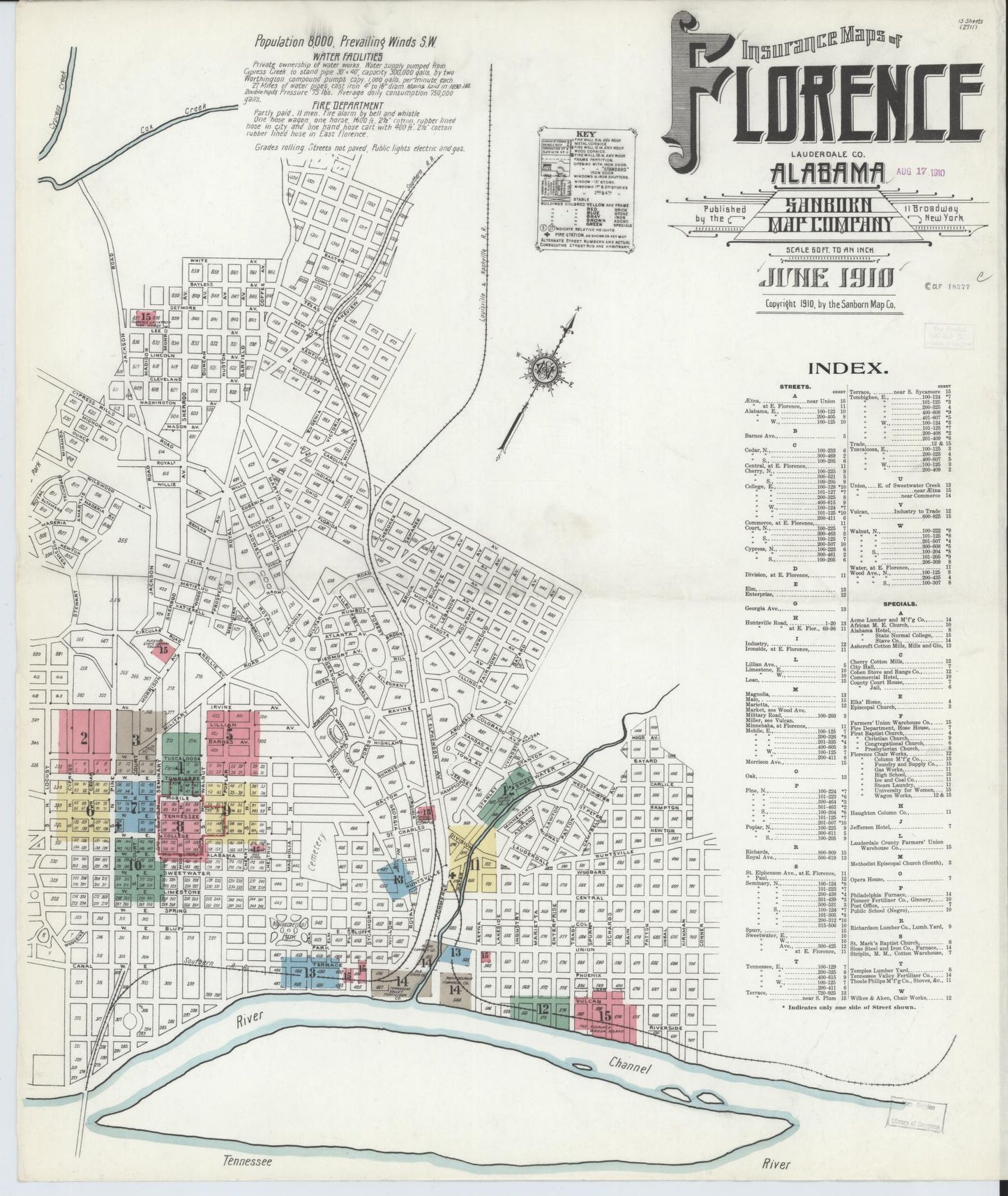 Sanborn Fire Insurance Map from Florence, Lauderdale County, Alabama (1910), Sheet #0001 - Historic Sanborn Fire Insurance Map Print, vintage old map wall art, antique decor, genealogy gift, Alabama Alabama map