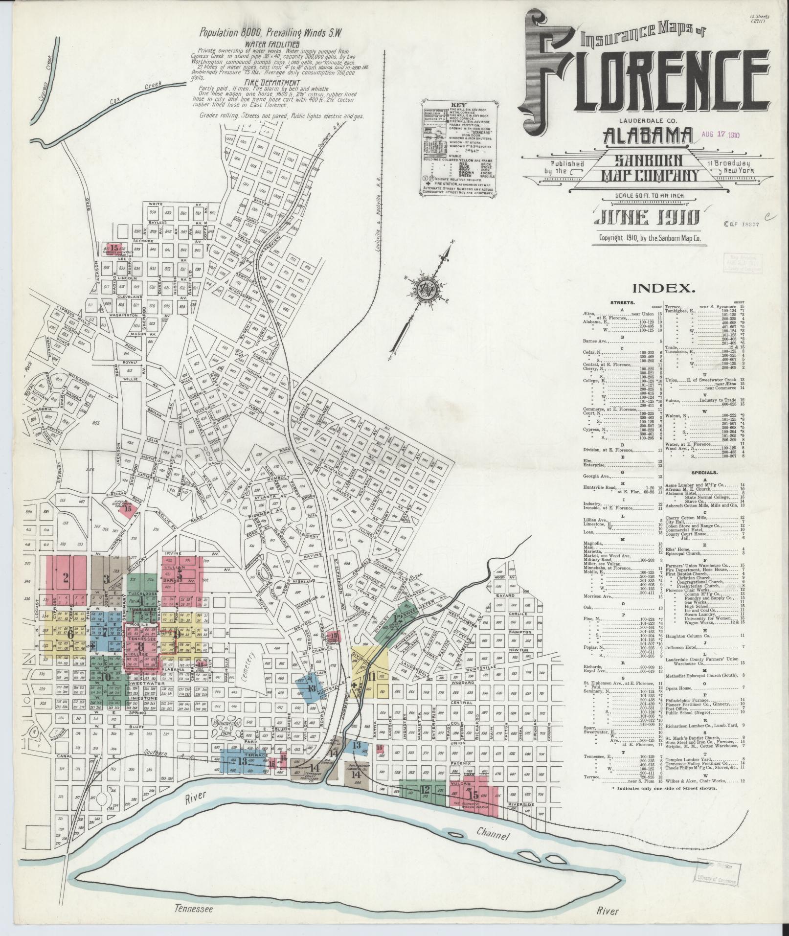 Sanborn Fire Insurance Map from Florence, Lauderdale County, Alabama (1910), Sheet #0001 - Historic Sanborn Fire Insurance Map Print, vintage old map wall art, antique decor, genealogy gift, Alabama Alabama map