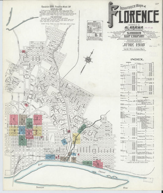 Sanborn Fire Insurance Map from Florence, Lauderdale County, Alabama (1910), Sheet #0001 - Historic Sanborn Fire Insurance Map Print, vintage old map wall art, antique decor, genealogy gift, Alabama Alabama map