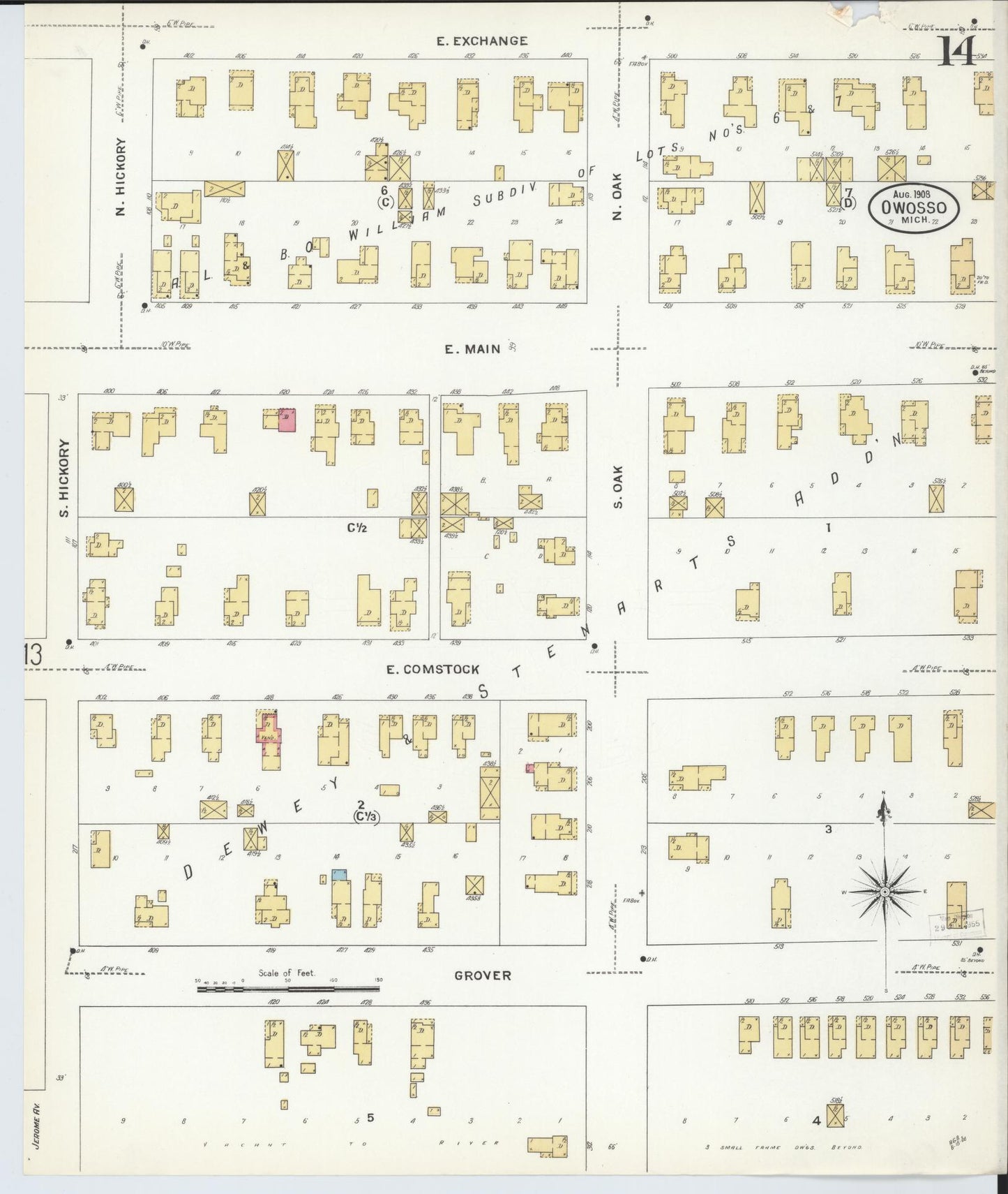 Sanborn Fire Insurance Map from Owosso, Shiawassee County, Michigan (1908), Sheet #0014 - Complete Map Set gallery image, historic Sanborn map, vintage wall art, Michigan Michigan