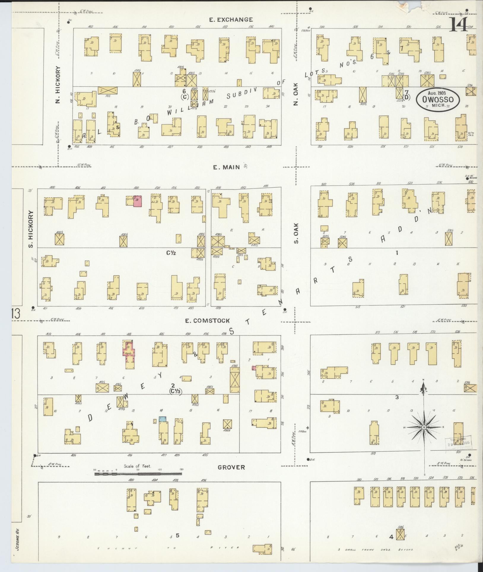 Sanborn Fire Insurance Map from Owosso, Shiawassee County, Michigan (1908), Sheet #0014 - Complete Map Set gallery image, historic Sanborn map, vintage wall art, Michigan Michigan