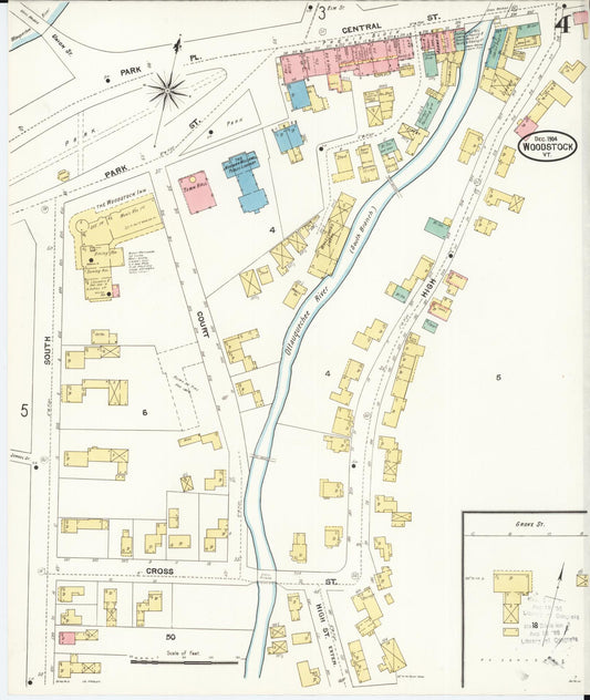 Sanborn Fire Insurance Map from Woodstock, Windsor County, Vermont (1904), Sheet #0004 - Historic Sanborn Fire Insurance Map Print, vintage old map wall art, antique decor, genealogy gift, Vermont Vermont map