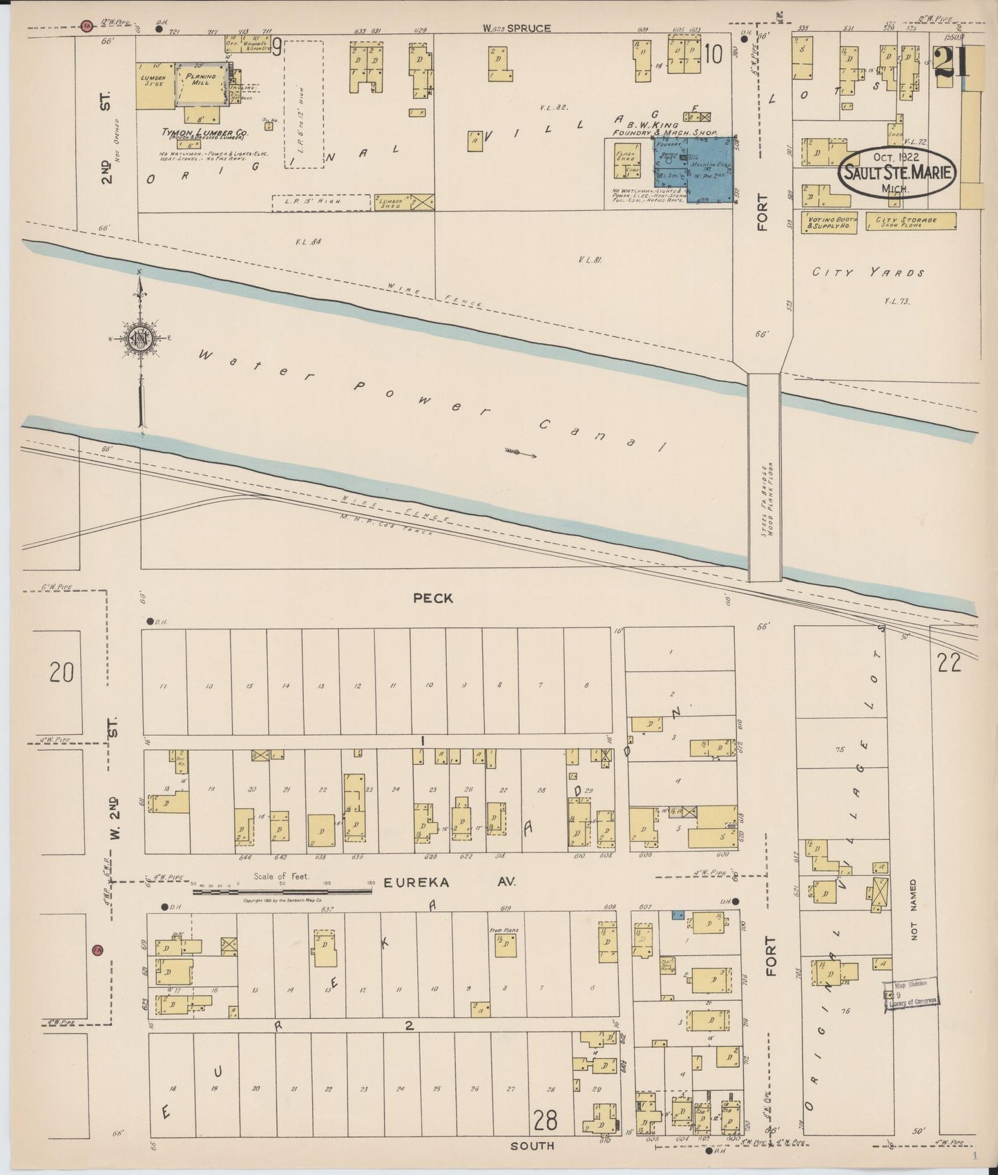 Sanborn Fire Insurance Map from Sault Sainte Marie, Chippewa County, Michigan (1922), Sheet #0021 - Historic Sanborn Fire Insurance Map Print, vintage old map wall art, antique decor, genealogy gift, Michigan Michigan map