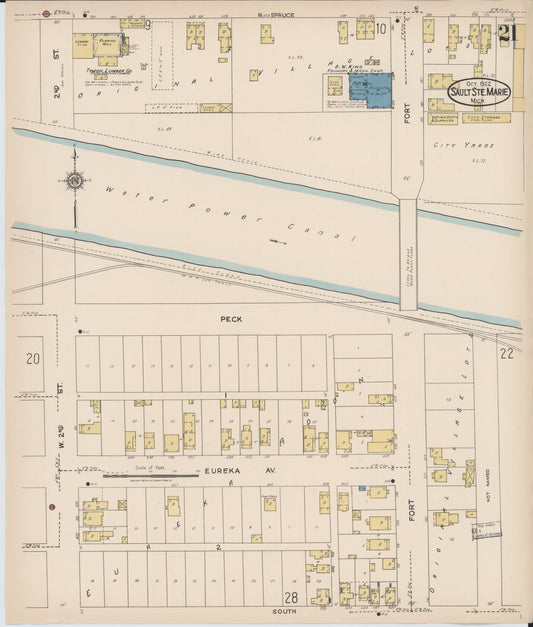 Sanborn Fire Insurance Map from Sault Sainte Marie, Chippewa County, Michigan (1922), Sheet #0021 - Historic Sanborn Fire Insurance Map Print, vintage old map wall art, antique decor, genealogy gift, Michigan Michigan map