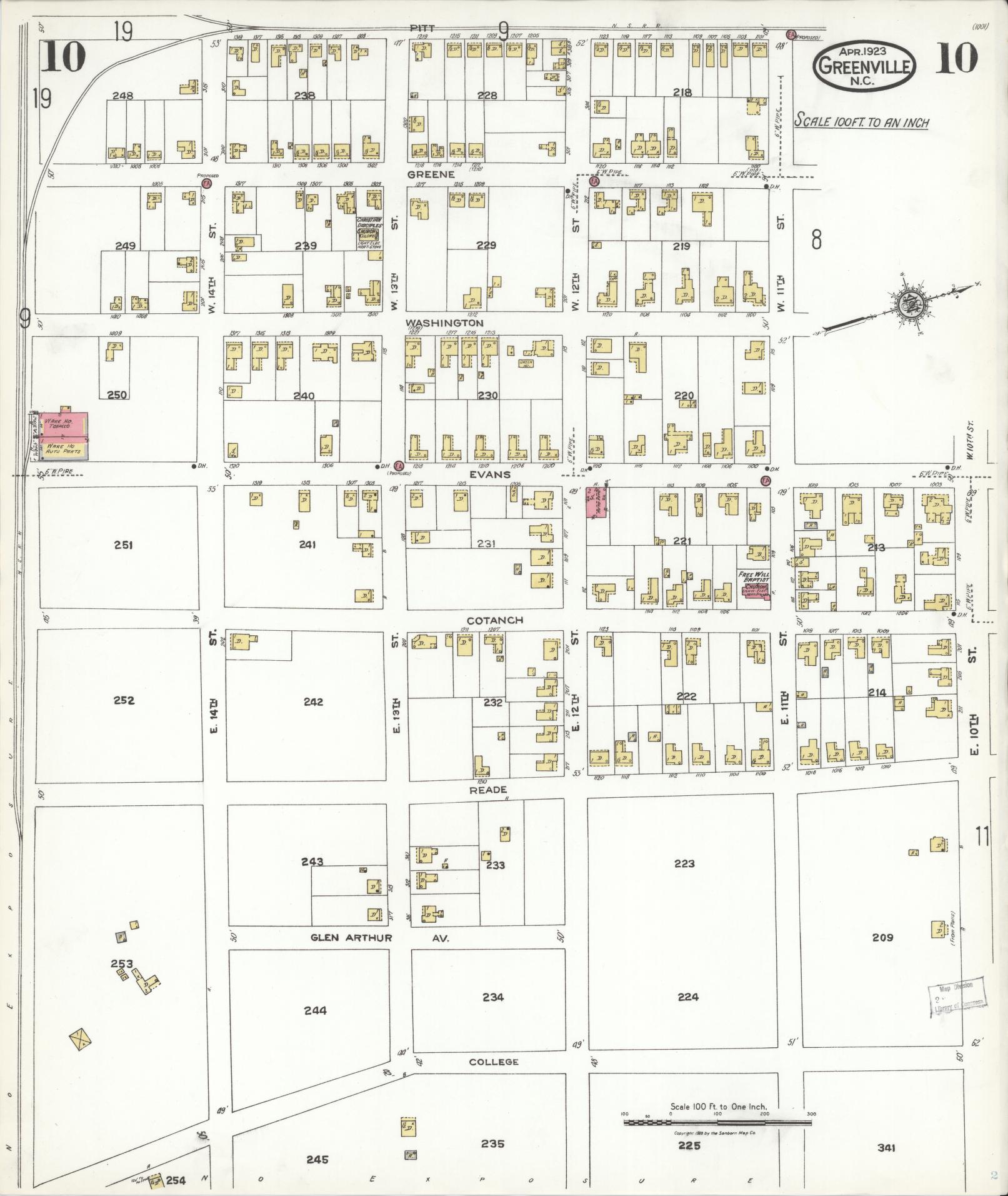 Sanborn Fire Insurance Map from Greenville, Pitt County, North Carolina (1923), Sheet #0010 - Historic Sanborn Fire Insurance Map Print, vintage old map wall art, antique decor, genealogy gift, North Carolina North Carolina map