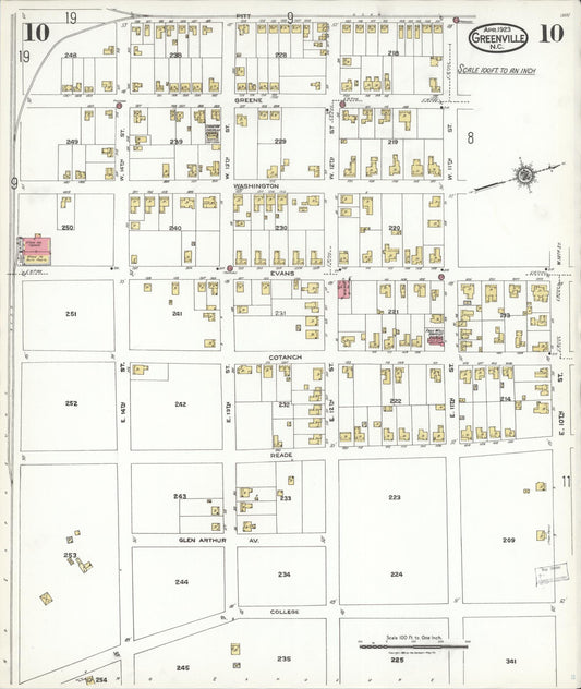 Sanborn Fire Insurance Map from Greenville, Pitt County, North Carolina (1923), Sheet #0010 - Historic Sanborn Fire Insurance Map Print, vintage old map wall art, antique decor, genealogy gift, North Carolina North Carolina map