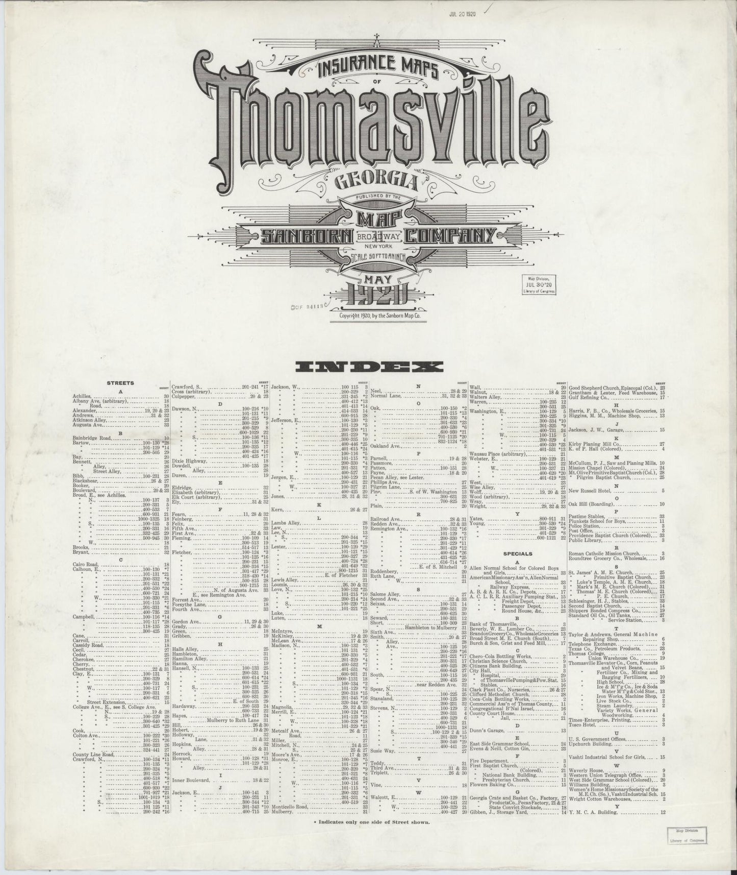 Sanborn Fire Insurance Map from Thomasville, Thomas County, Georgia (1920), Sheet #0001 - Historic Sanborn Fire Insurance Map Print, vintage old map wall art, antique decor, genealogy gift, Georgia Georgia map