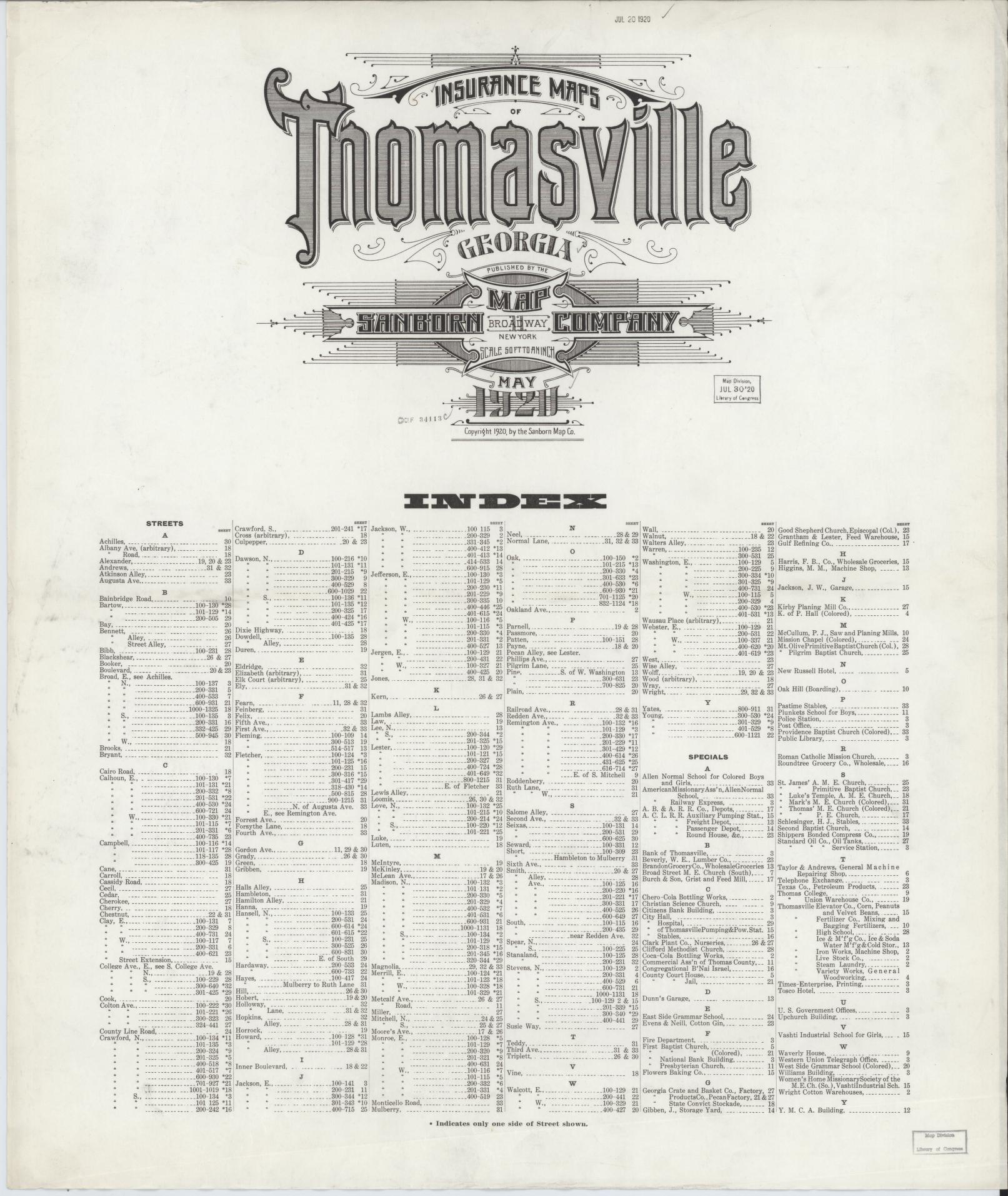 Sanborn Fire Insurance Map from Thomasville, Thomas County, Georgia (1920), Sheet #0001 - Historic Sanborn Fire Insurance Map Print, vintage old map wall art, antique decor, genealogy gift, Georgia Georgia map