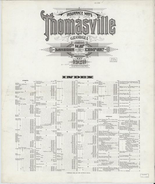 Sanborn Fire Insurance Map from Thomasville, Thomas County, Georgia (1920), Sheet #0001 - Historic Sanborn Fire Insurance Map Print, vintage old map wall art, antique decor, genealogy gift, Georgia Georgia map