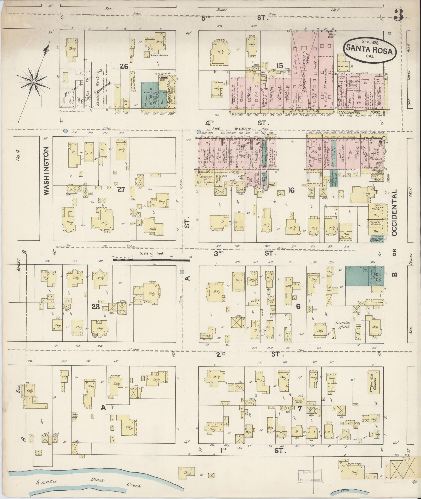 Sanborn Fire Insurance Map from Santa Rosa, Sonoma County, California (1888), Sheet #0003 - Complete Map Set gallery image, historic Sanborn map, vintage wall art, California California