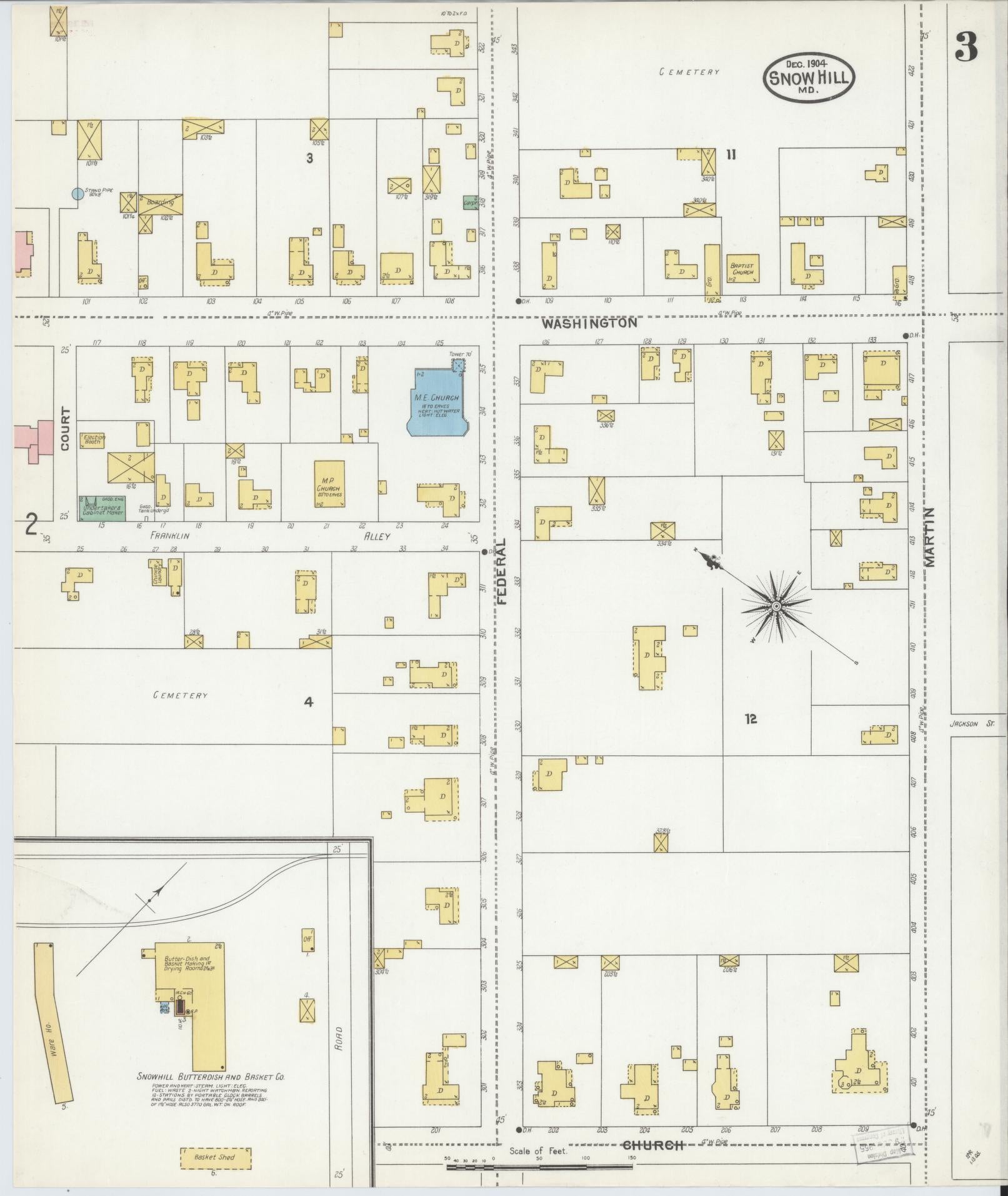 Sanborn Fire Insurance Map from Snow Hill, Worcester County, Maryland (1904), Sheet #0003 - Historic Sanborn Fire Insurance Map Print, vintage old map wall art