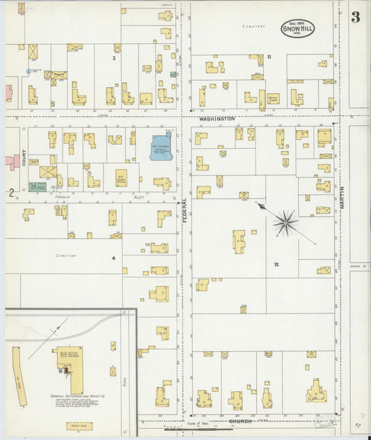 Sanborn Fire Insurance Map from Snow Hill, Worcester County, Maryland (1904), Sheet #0003 - Historic Sanborn Fire Insurance Map Print, vintage old map wall art