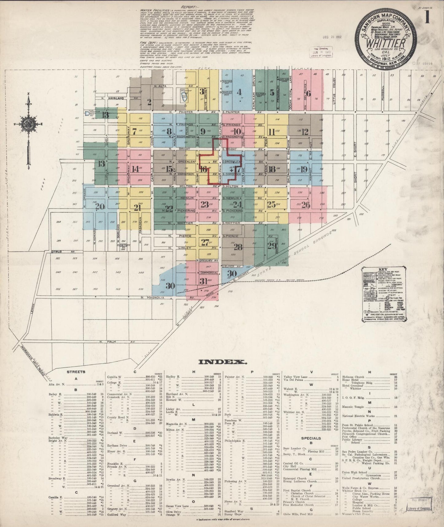 Sanborn Fire Insurance Map from Whittier, Los Angeles County, California (1912), Sheet #0001 - Complete Map Set gallery image, historic Sanborn map, vintage wall art, California California