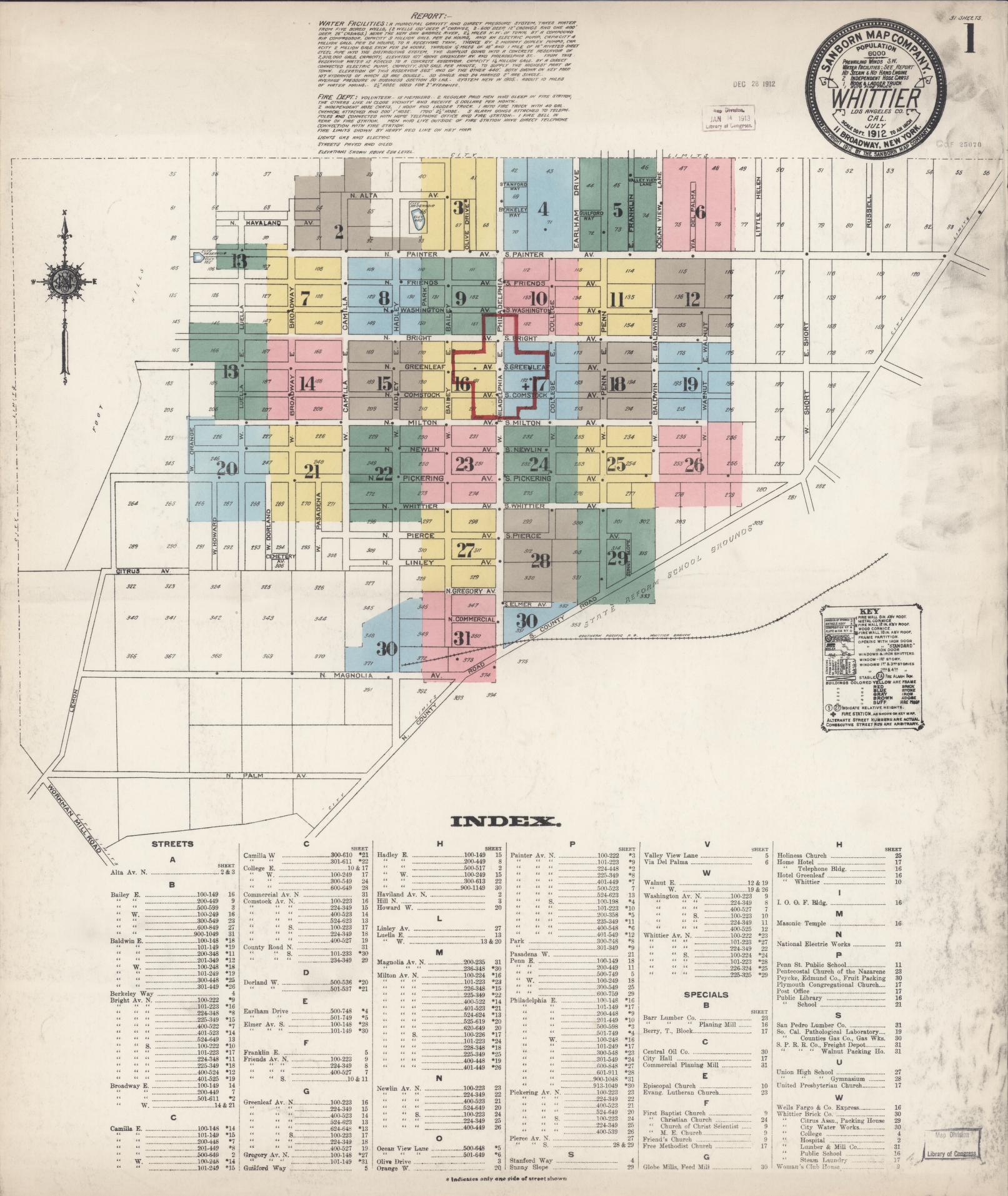 Sanborn Fire Insurance Map from Whittier, Los Angeles County, California (1912), Sheet #0001 - Complete Map Set gallery image, historic Sanborn map, vintage wall art, California California