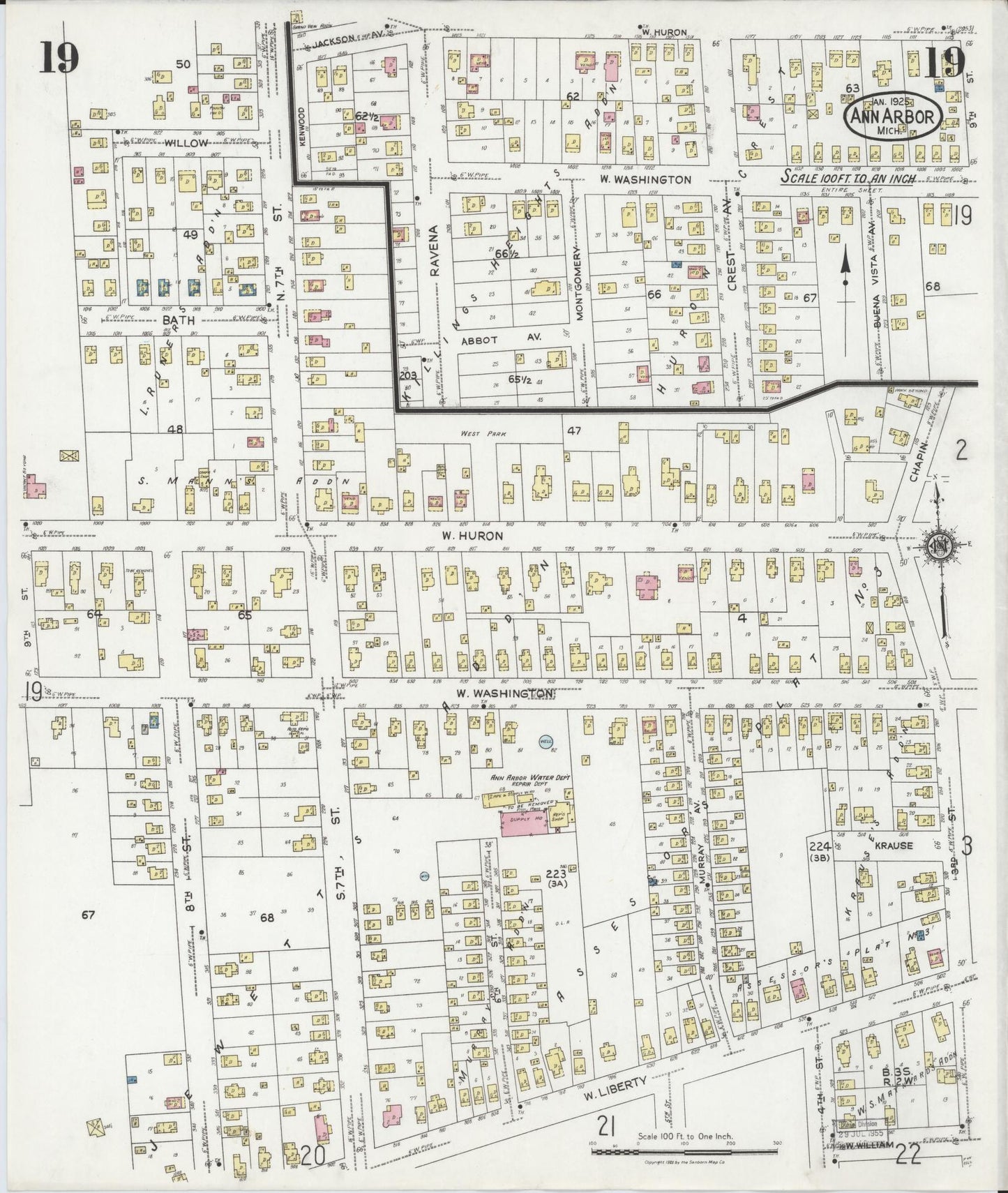 Sanborn Fire Insurance Map from Ann Arbor, Washtenaw County, Michigan (1925), Sheet #0019 - Historic Sanborn Fire Insurance Map Print, vintage old map wall art, antique decor, genealogy gift, Michigan Michigan map