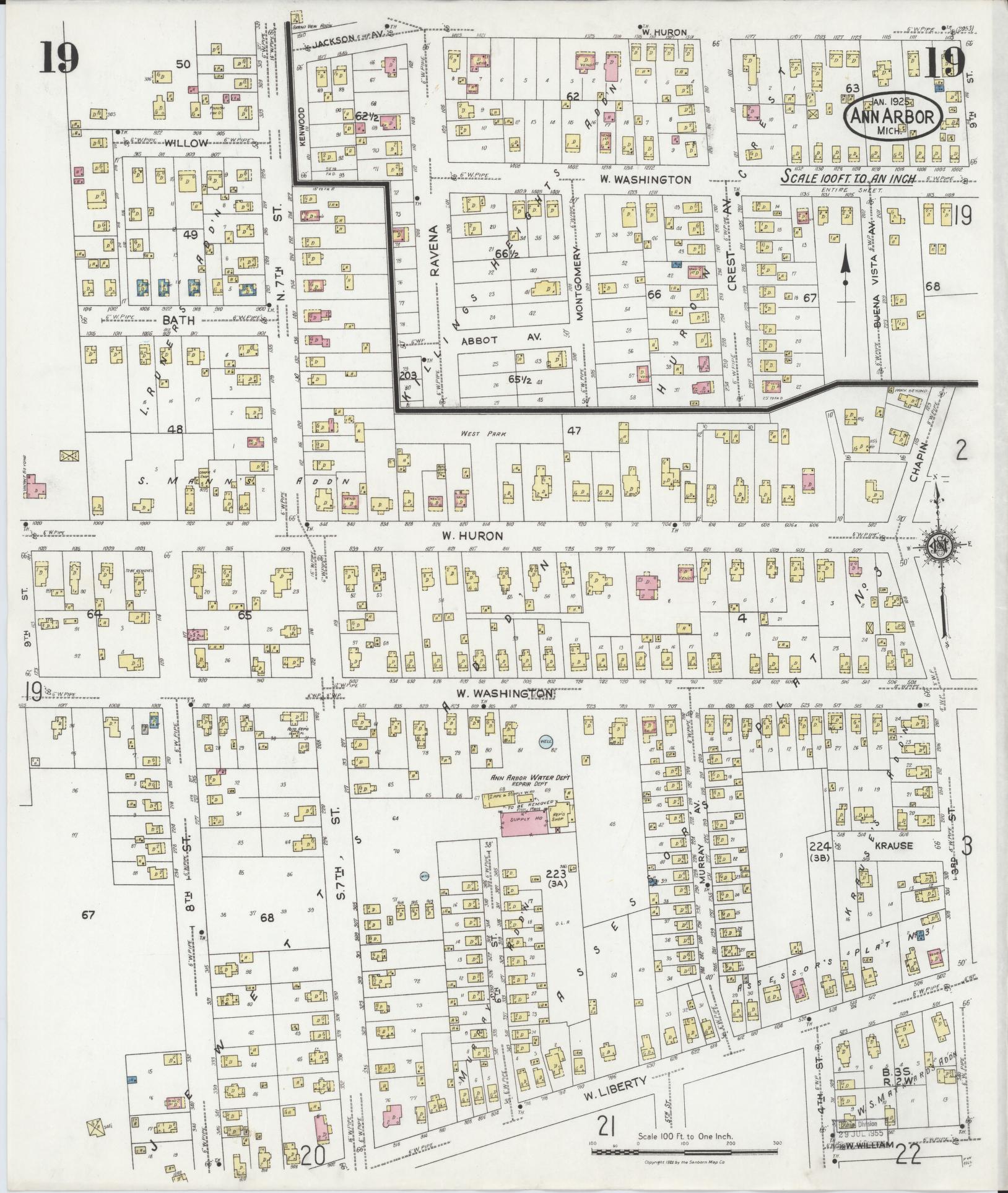 Sanborn Fire Insurance Map from Ann Arbor, Washtenaw County, Michigan (1925), Sheet #0019 - Historic Sanborn Fire Insurance Map Print, vintage old map wall art, antique decor, genealogy gift, Michigan Michigan map