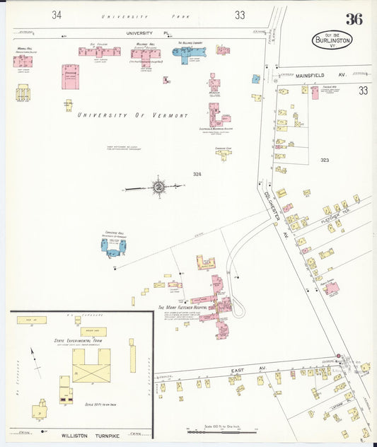 Sanborn Fire Insurance Map from Burlington, Chittenden County, Vermont (1912), Sheet #0036 - Historic Sanborn Fire Insurance Map Print, vintage old map wall art, antique decor, genealogy gift, Vermont Vermont map