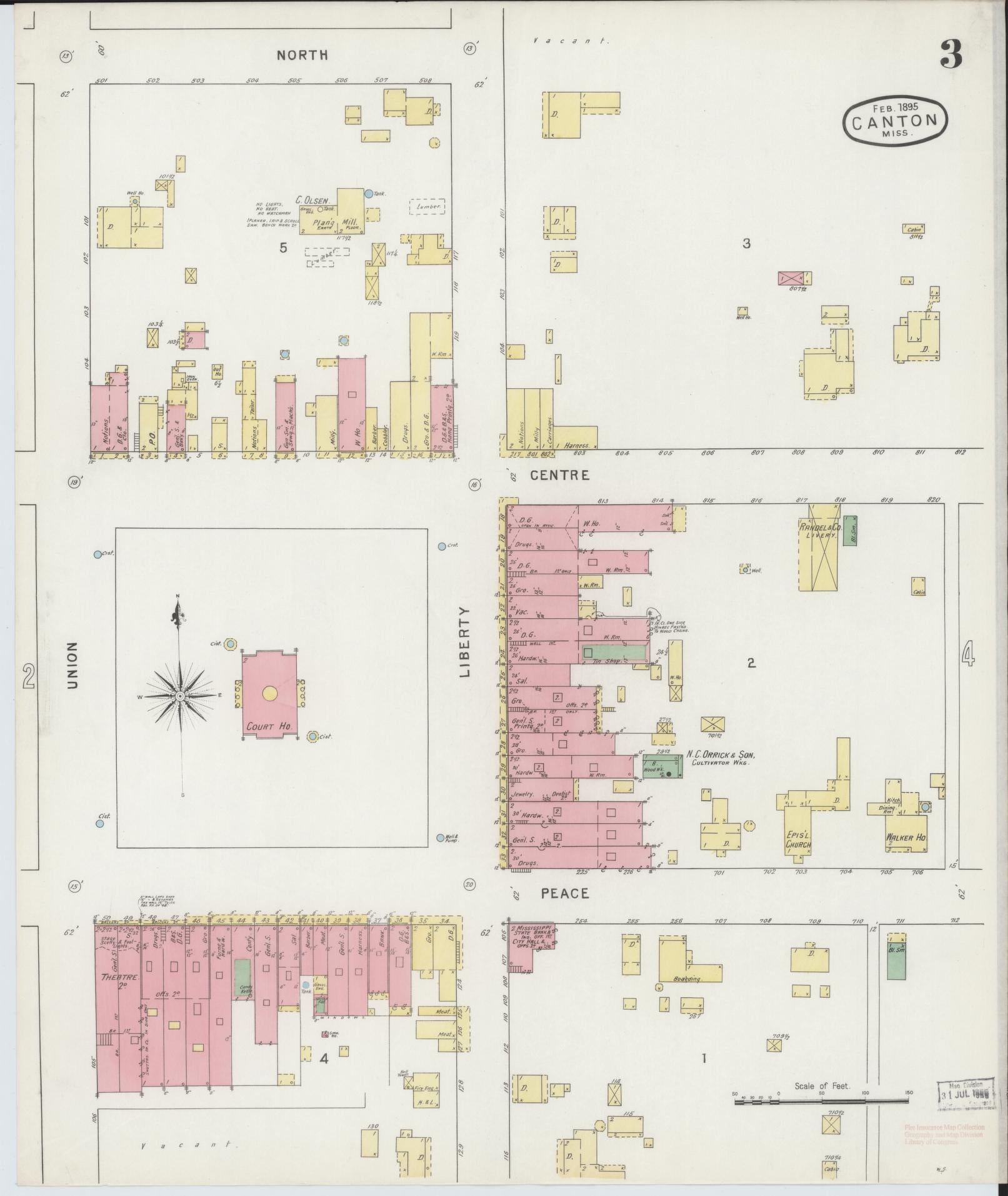 Sanborn Fire Insurance Map from Canton, Madison County, Mississippi (1895), Sheet #0003 - Complete Map Set gallery image, historic Sanborn map, vintage wall art, Mississippi Mississippi