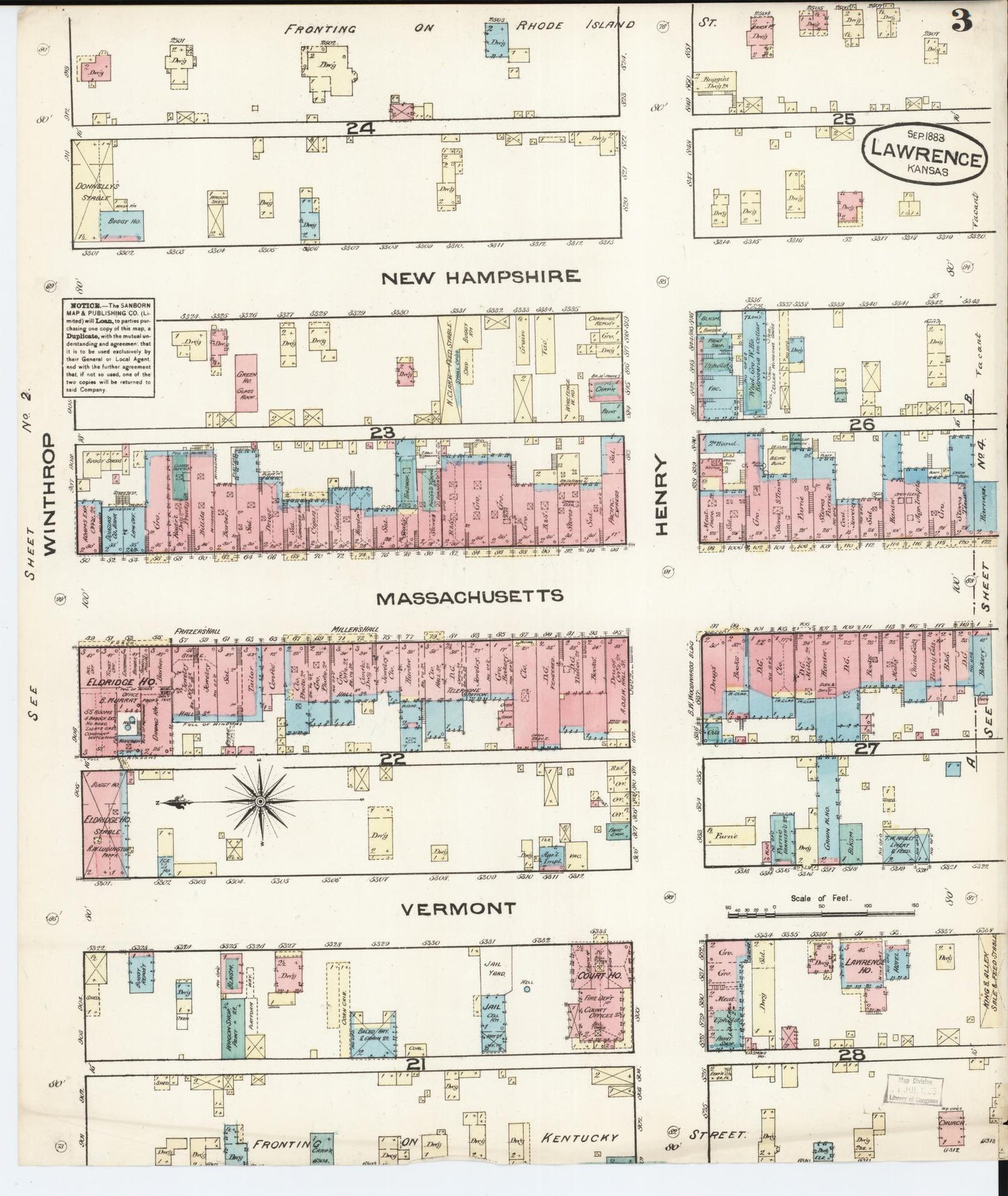 Sanborn Fire Insurance Map from Lawrence, Douglas County, Kansas (1883), Sheet #0003 - Complete Map Set gallery image, historic Sanborn map, vintage wall art, Kansas Kansas
