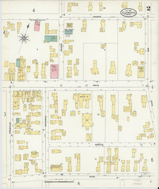 Sanborn Fire Insurance Map from Ellsworth, Hancock County, Maine (1907), Sheet #0002 - Historic Sanborn Fire Insurance Map Print, vintage old map wall art, antique decor, genealogy gift, Maine Maine map