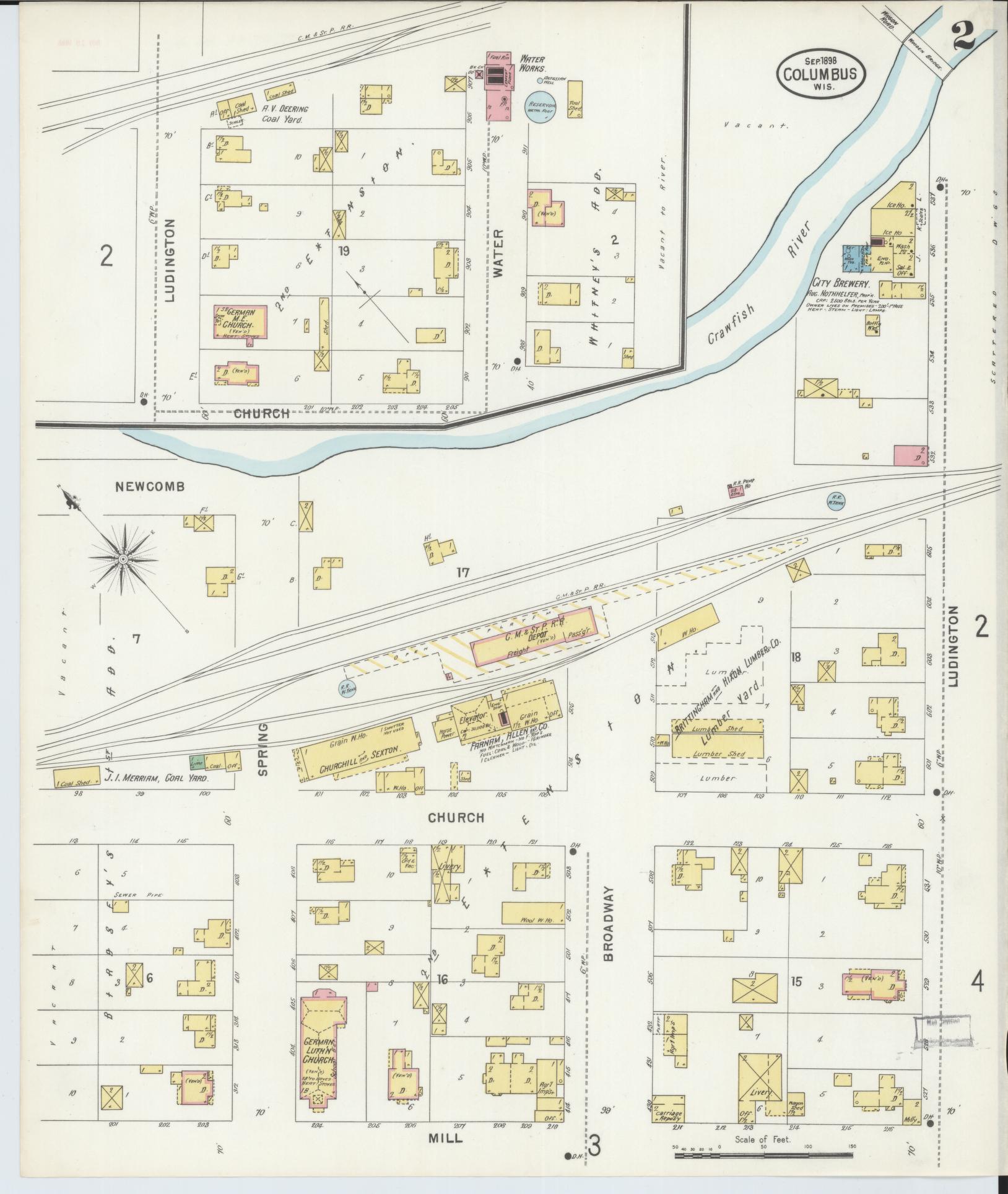 Sanborn Fire Insurance Map from Columbus, Columbia and Dodge County, Wisconsin (1898), Sheet #0002 - Historic Sanborn Fire Insurance Map Print, vintage old map wall art, antique decor, genealogy gift, Wisconsin Wisconsin map