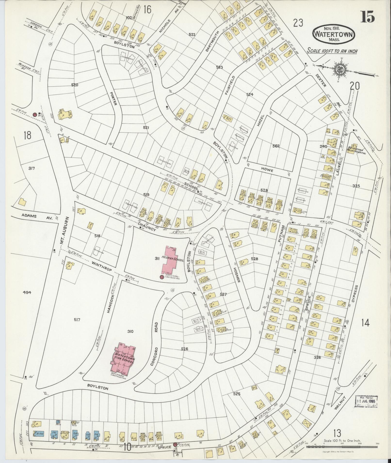Sanborn Fire Insurance Map from Watertown, Middlesex County, Massachusetts (1916), Sheet #0015 - Complete Map Set gallery image, historic Sanborn map, vintage wall art, Massachusetts Massachusetts