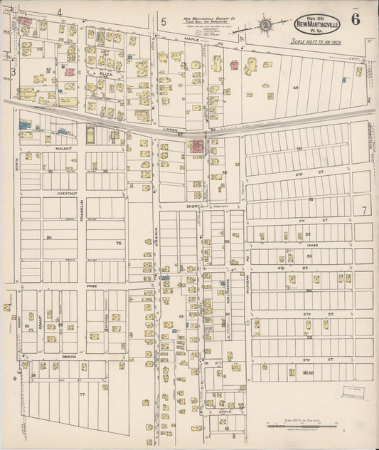 Sanborn Fire Insurance Map from New Martinsville, Wetzel County, West Virginia (1921), Sheet #0006 - Historic Sanborn Fire Insurance Map Print, vintage old map wall art, antique decor, genealogy gift, West Virginia West Virginia map