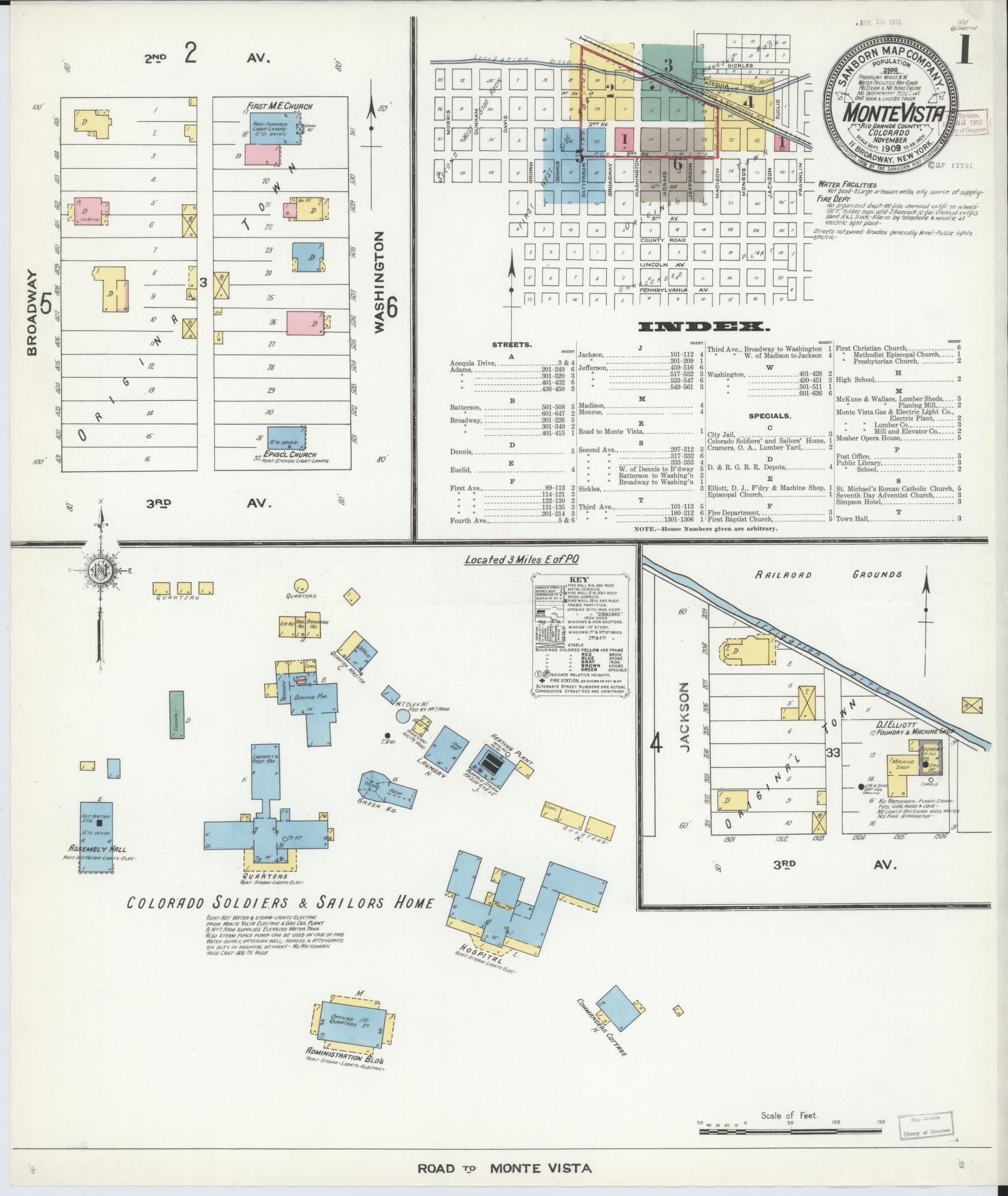 Sanborn Fire Insurance Map from Monte Vista, Rio Grande County, Colorado (1909), Sheet #0001 - Historic Sanborn Fire Insurance Map Print, vintage old map wall art, antique decor, genealogy gift, Colorado Colorado map