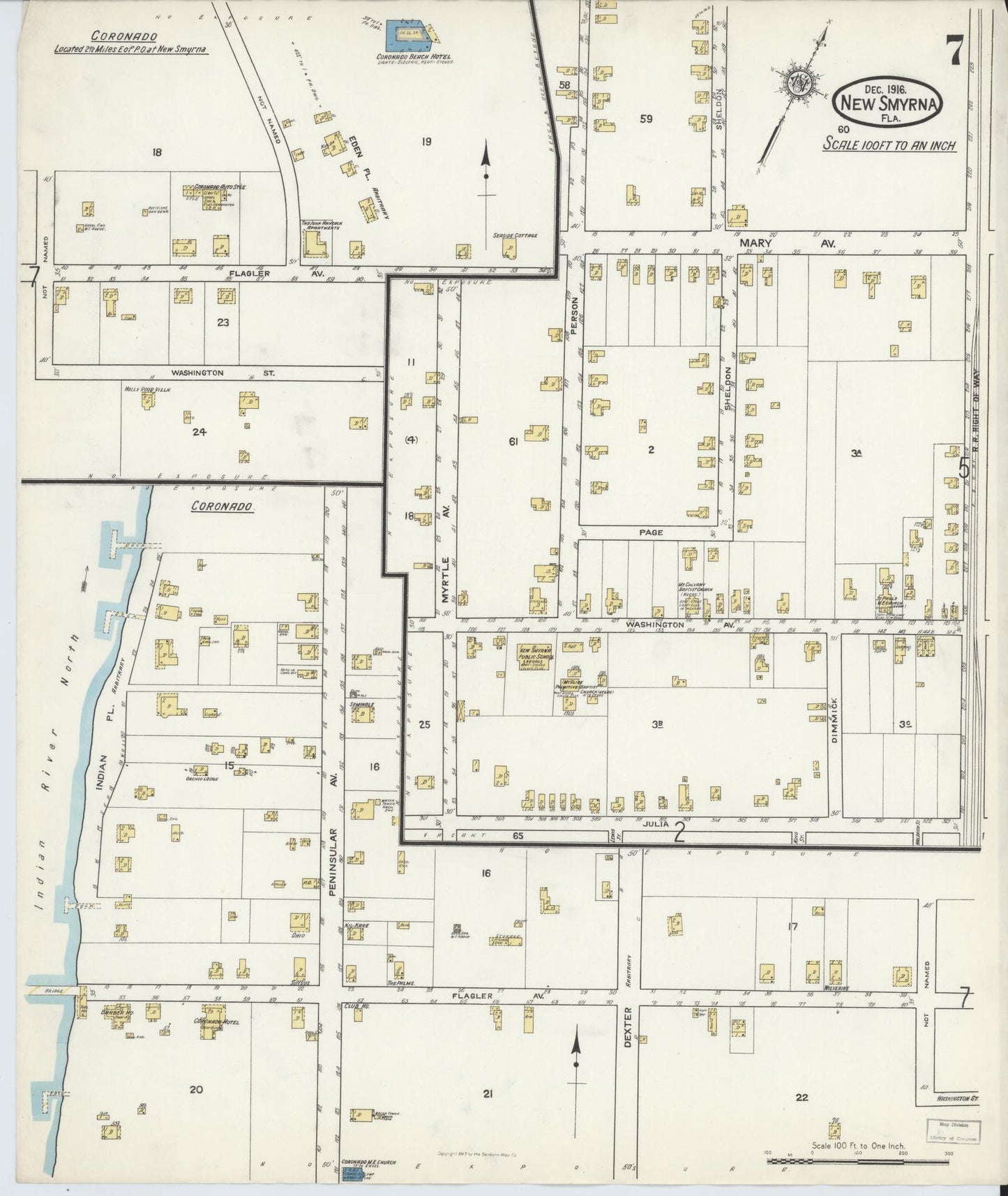 Sanborn Fire Insurance Map from New Smyrna, Valusia County, Florida (1916), Sheet #0007 - Complete Map Set gallery image, historic Sanborn map, vintage wall art, Florida Florida