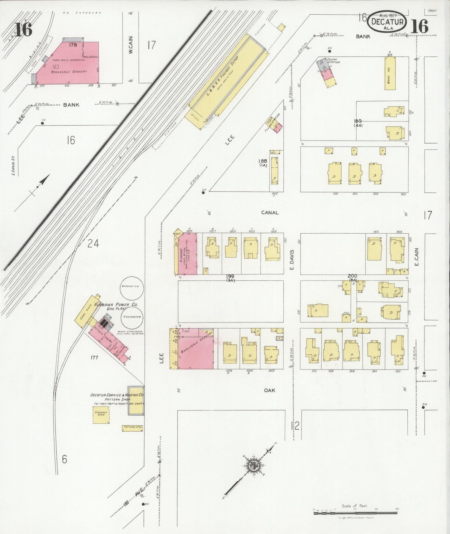 Sanborn Fire Insurance Map from Decatur, Morgan County, Alabama (1927), Sheet #0016 - Complete Map Set gallery image, historic Sanborn map, vintage wall art, Alabama Alabama