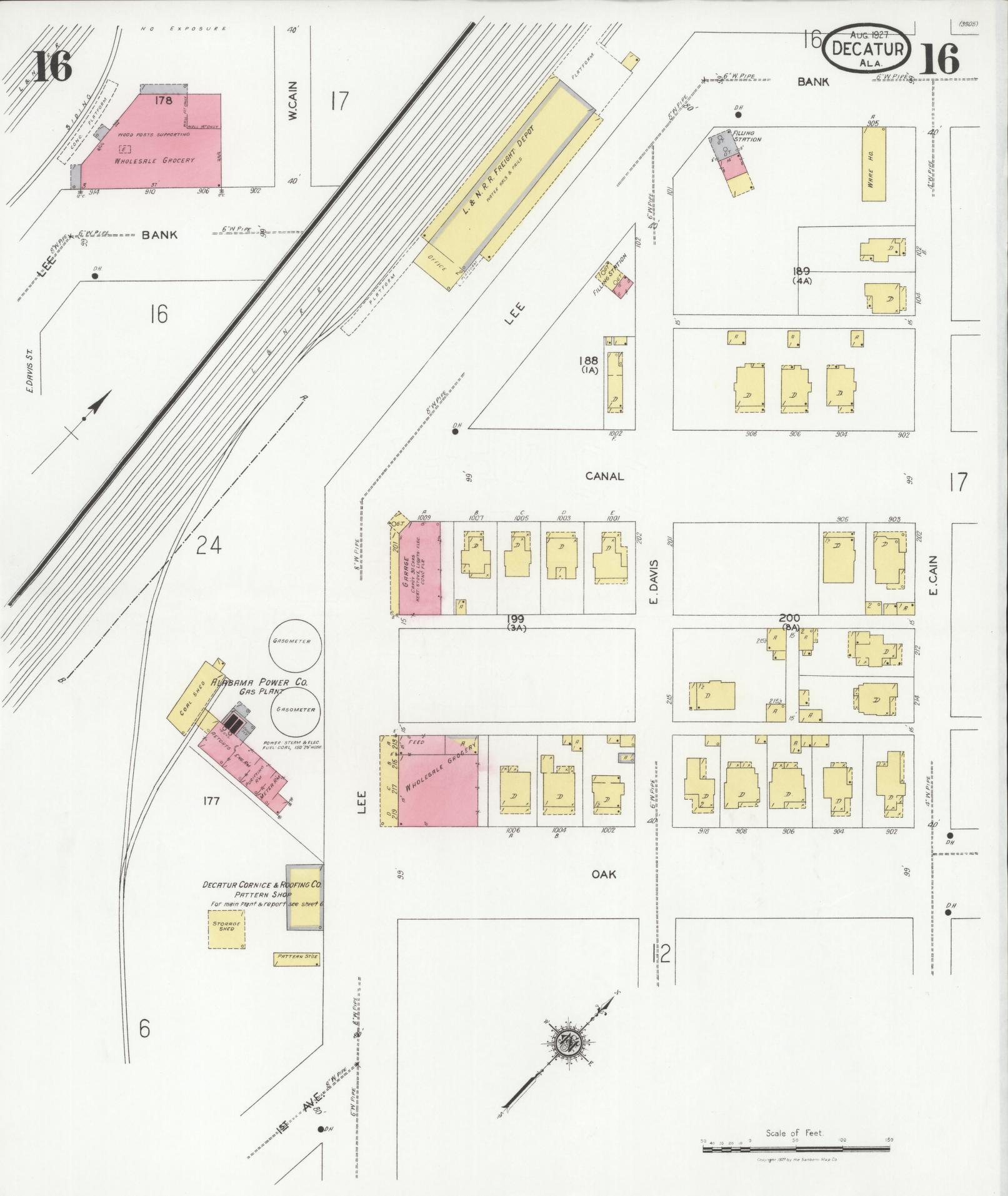 Sanborn Fire Insurance Map from Decatur, Morgan County, Alabama (1927), Sheet #0016 - Complete Map Set gallery image, historic Sanborn map, vintage wall art, Alabama Alabama