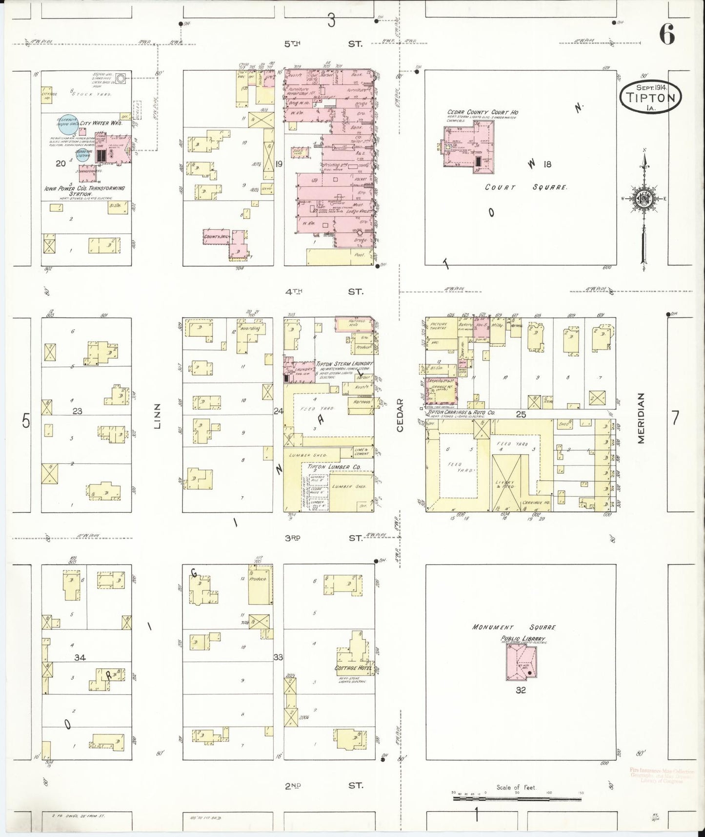 Sanborn Fire Insurance Map from Tipton, Cedar County, Iowa (1914), Sheet #0006 - Historic Sanborn Fire Insurance Map Print, vintage old map wall art