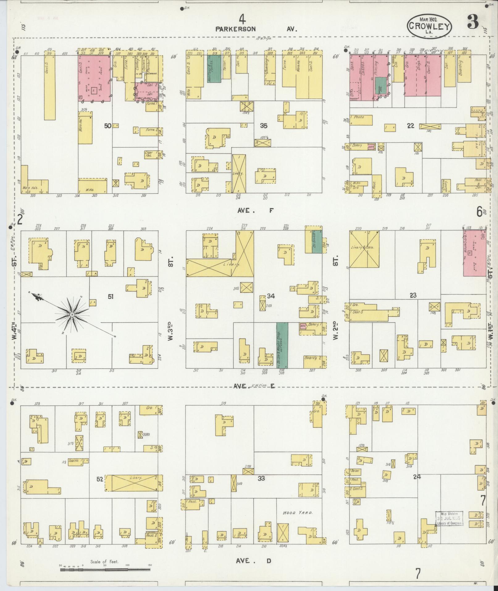 Sanborn Fire Insurance Map from Crowley, Acadia Parish, Louisiana (1902), Sheet #0003 - Historic Sanborn Fire Insurance Map Print, vintage old map wall art, antique decor, genealogy gift, Louisiana Louisiana map