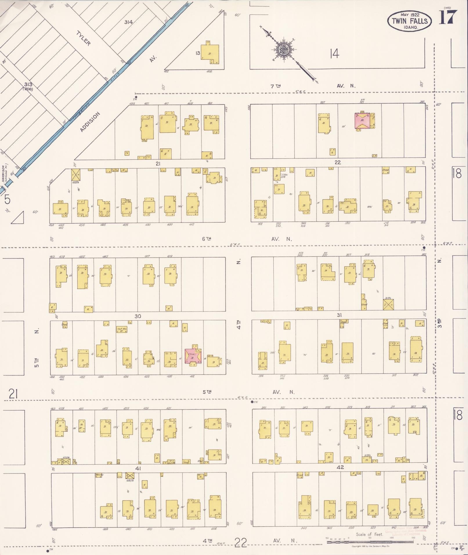 Sanborn Fire Insurance Map from Twin Falls, Twin Falls County, Idaho (1922), Sheet #0017 - Complete Map Set gallery image, historic Sanborn map, vintage wall art, Falls Idaho