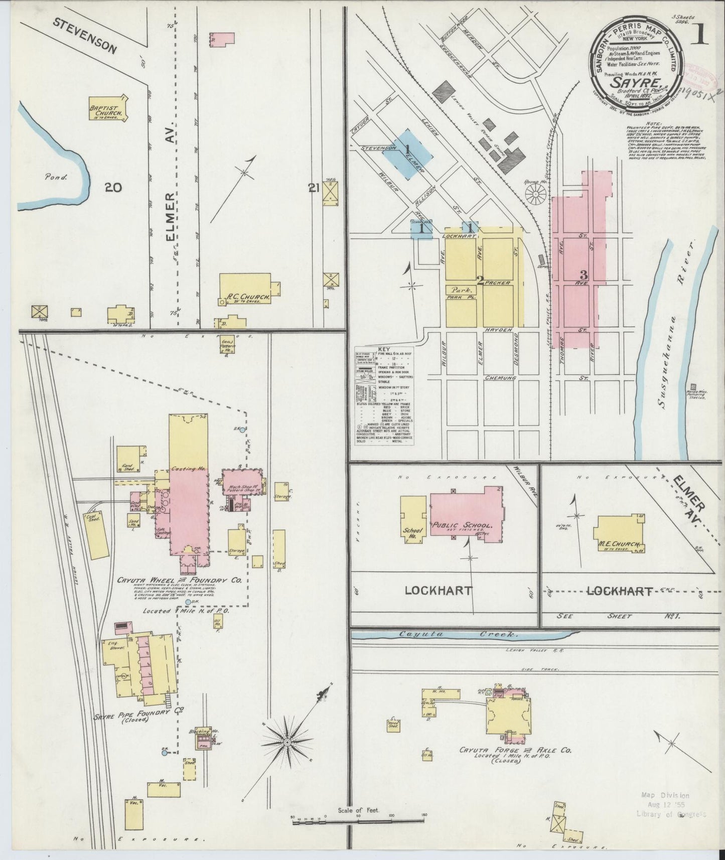 Sanborn Fire Insurance Map from Sayre, Bradford County, Pennsylvania (1892), Sheet #0001 - Complete Map Set gallery image, historic Sanborn map, vintage wall art, Pennsylvania Pennsylvania