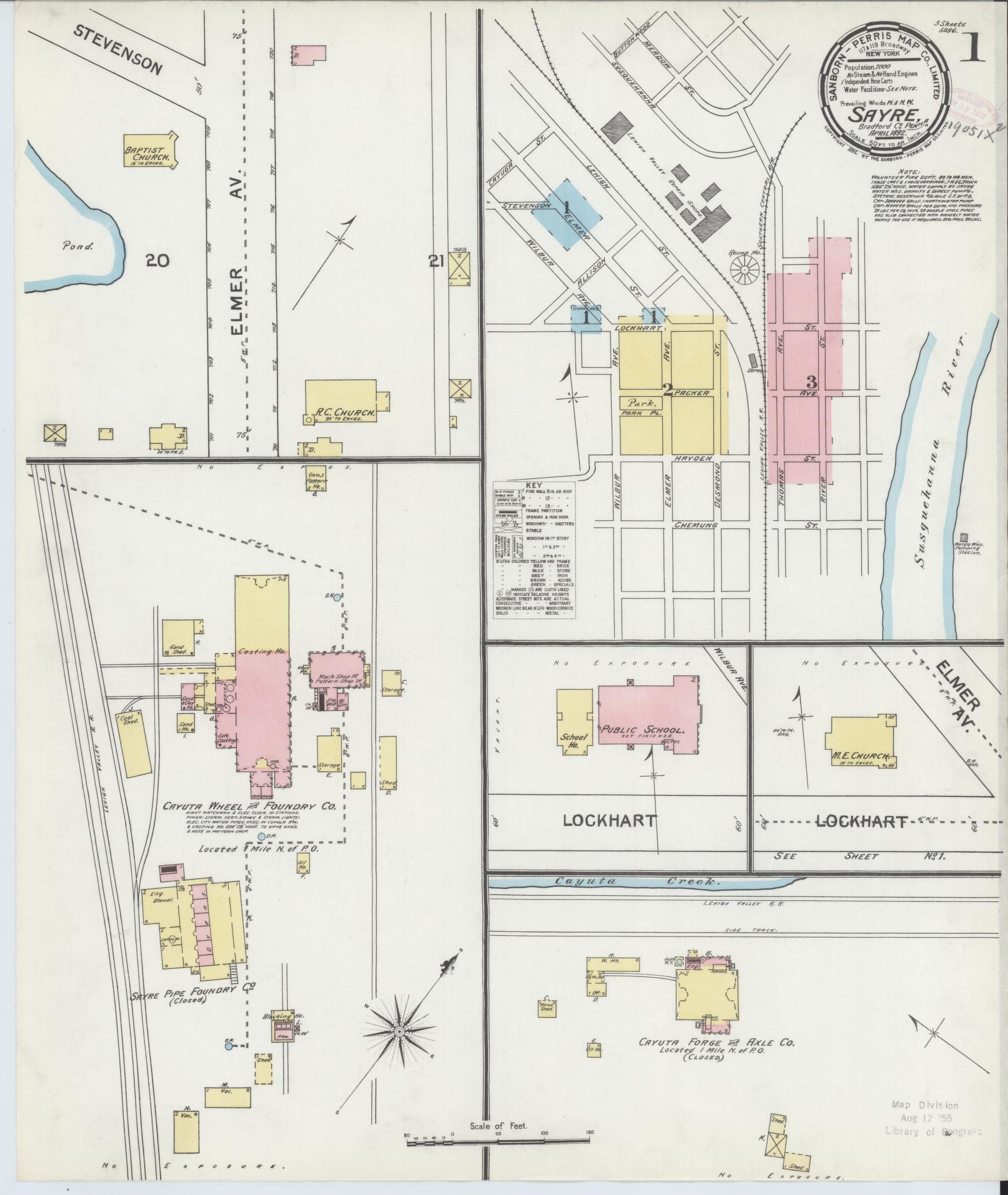 Sanborn Fire Insurance Map from Sayre, Bradford County, Pennsylvania (1892), Sheet #0001 - Complete Map Set gallery image, historic Sanborn map, vintage wall art, Pennsylvania Pennsylvania
